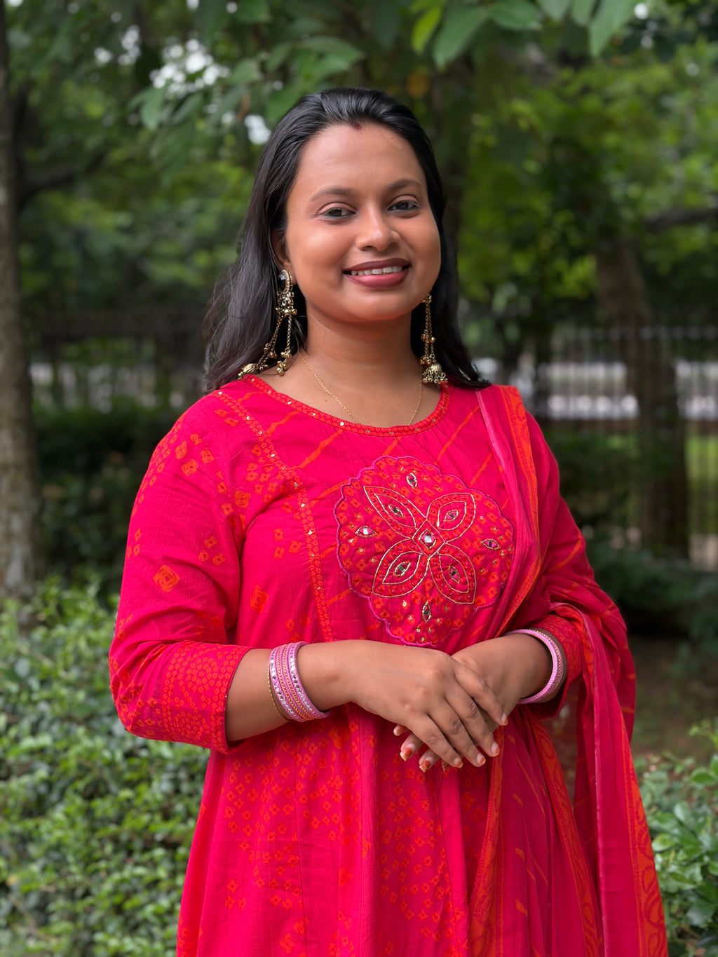Rani Pink Bandhani A-Line kurta Set