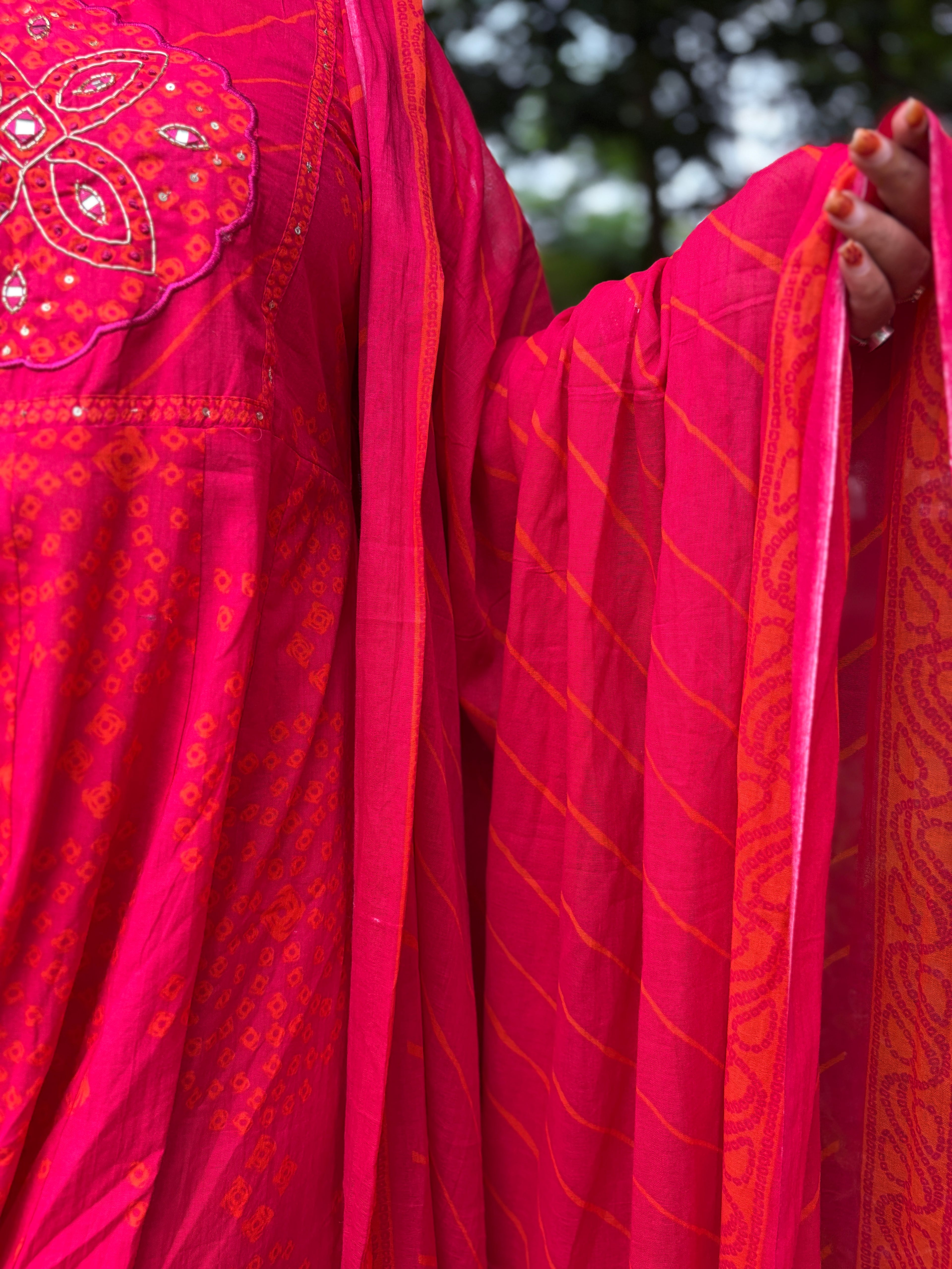 Rani Pink Bandhani A-Line kurta Set