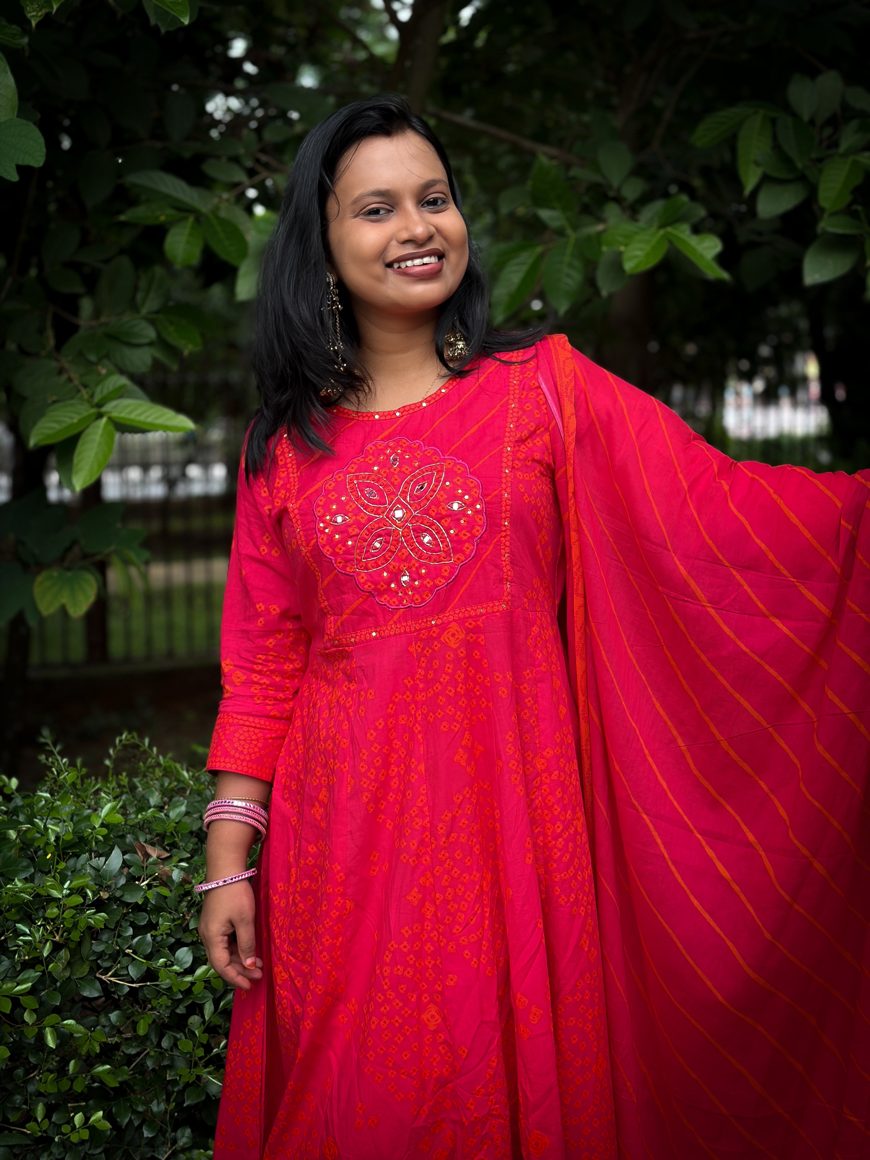 Rani Pink Bandhani A-Line kurta Set