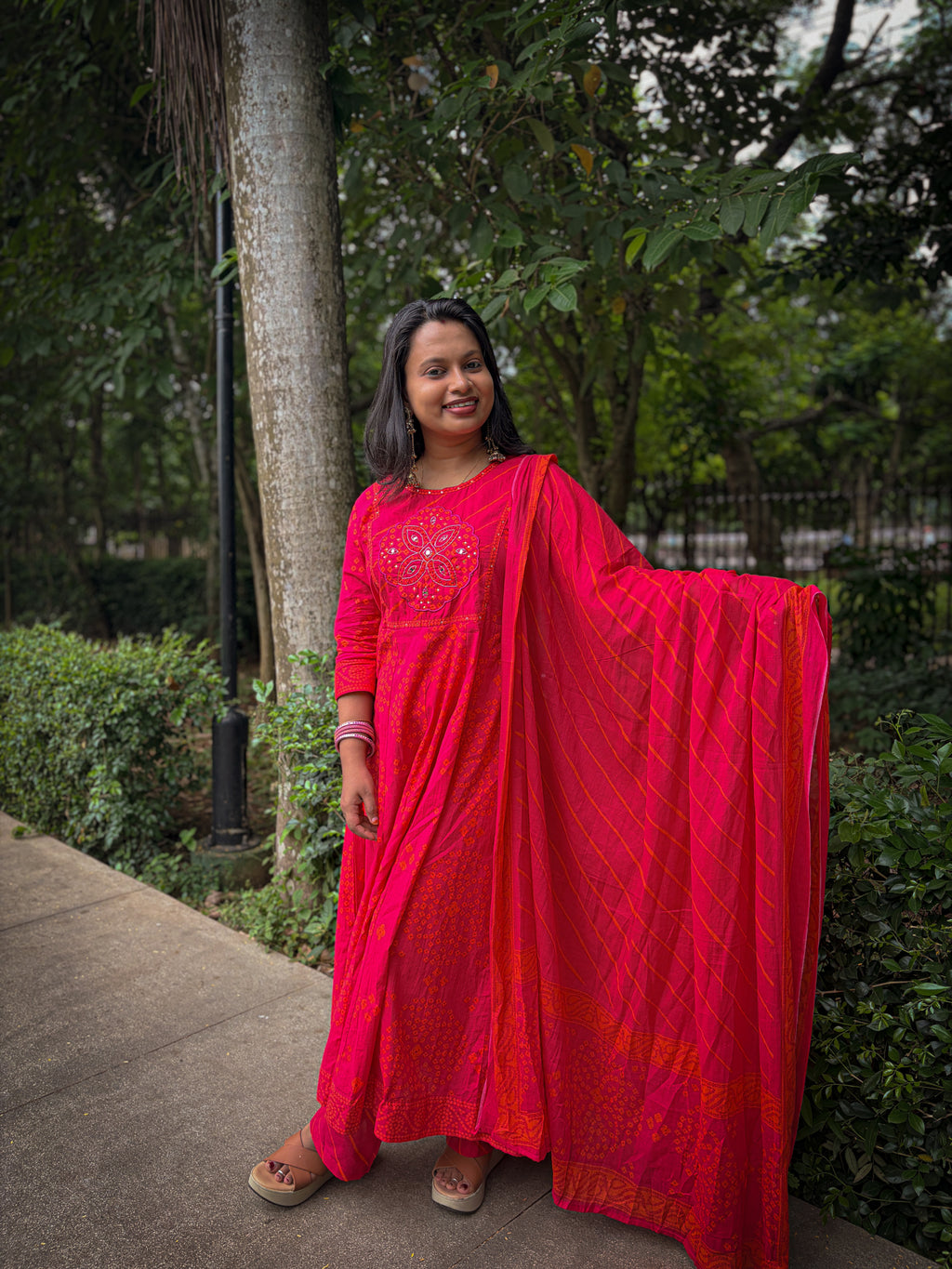 Rani Pink Bandhani A-Line kurta Set