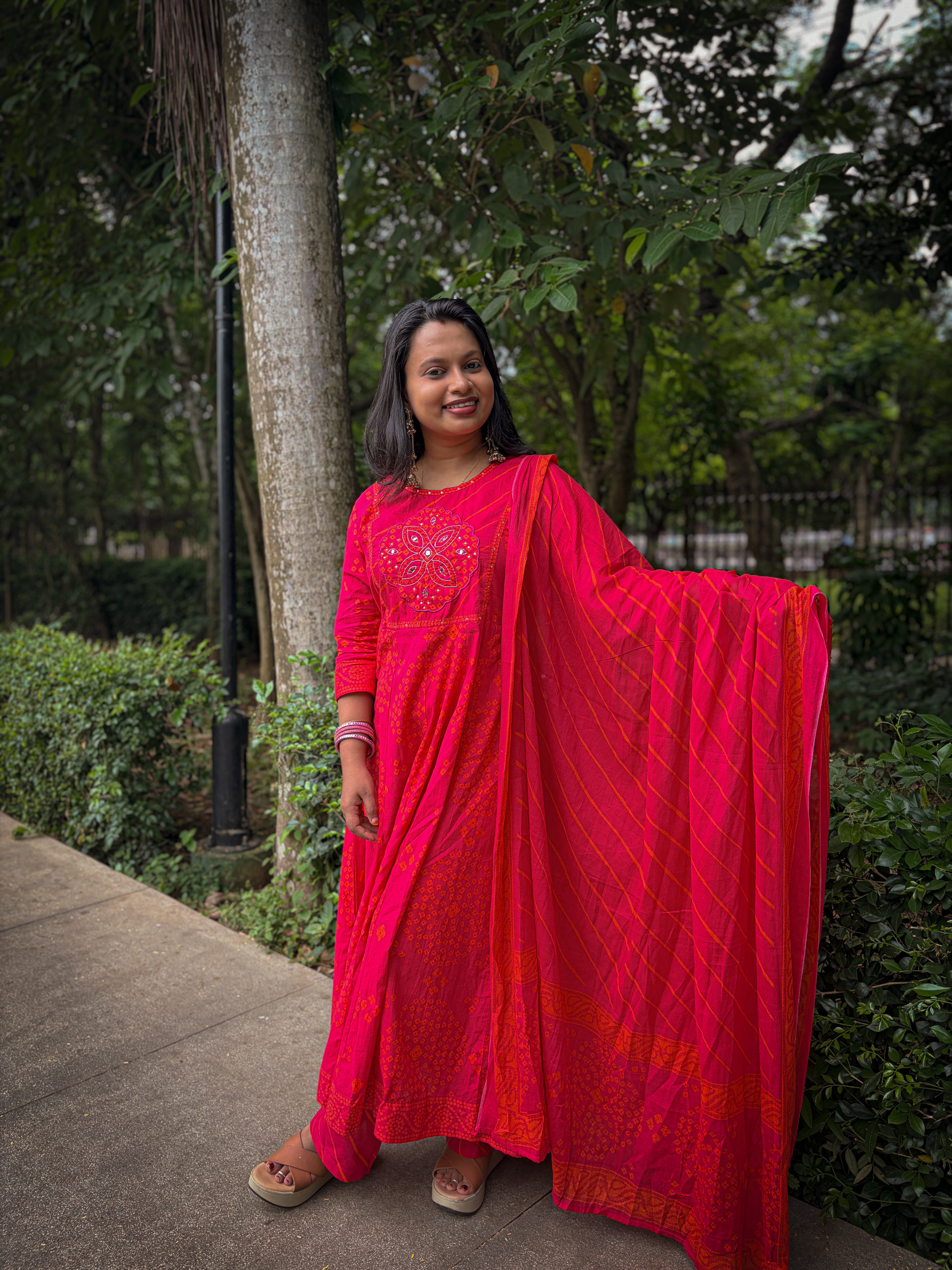 Rani Pink Bandhani A-Line kurta Set