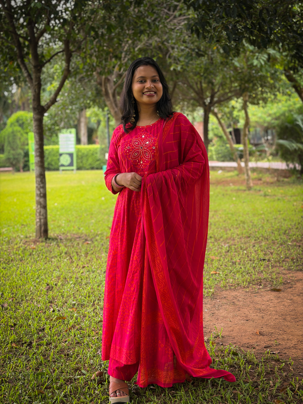 Rani Pink Bandhani A-Line kurta Set