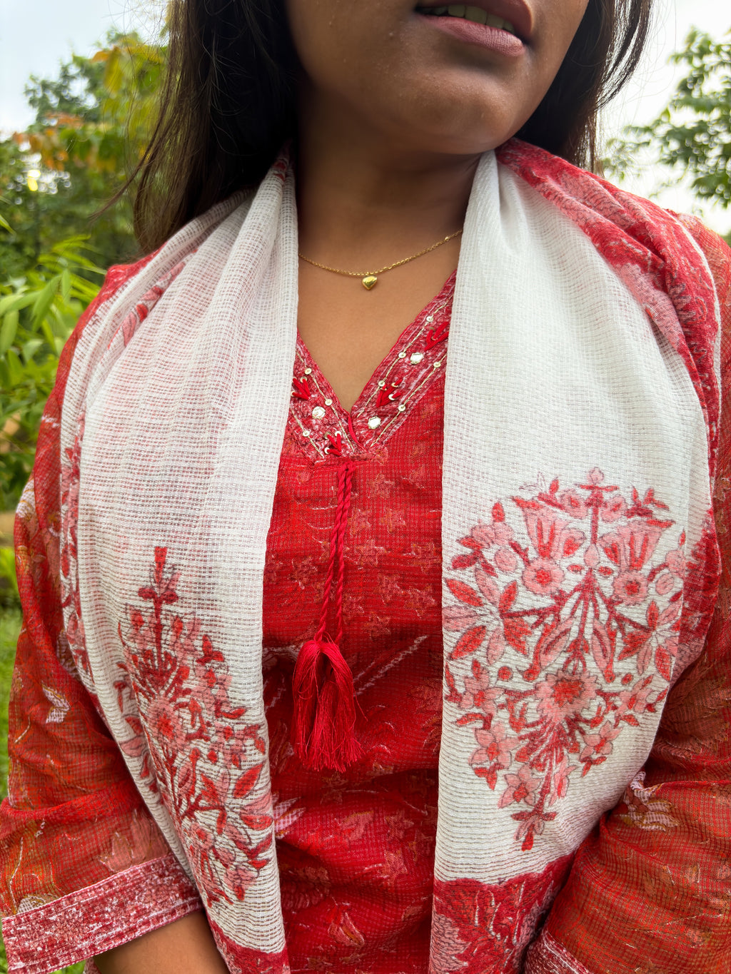 Red Floral Kota Doria Kurta, Pant & Dupatta Set