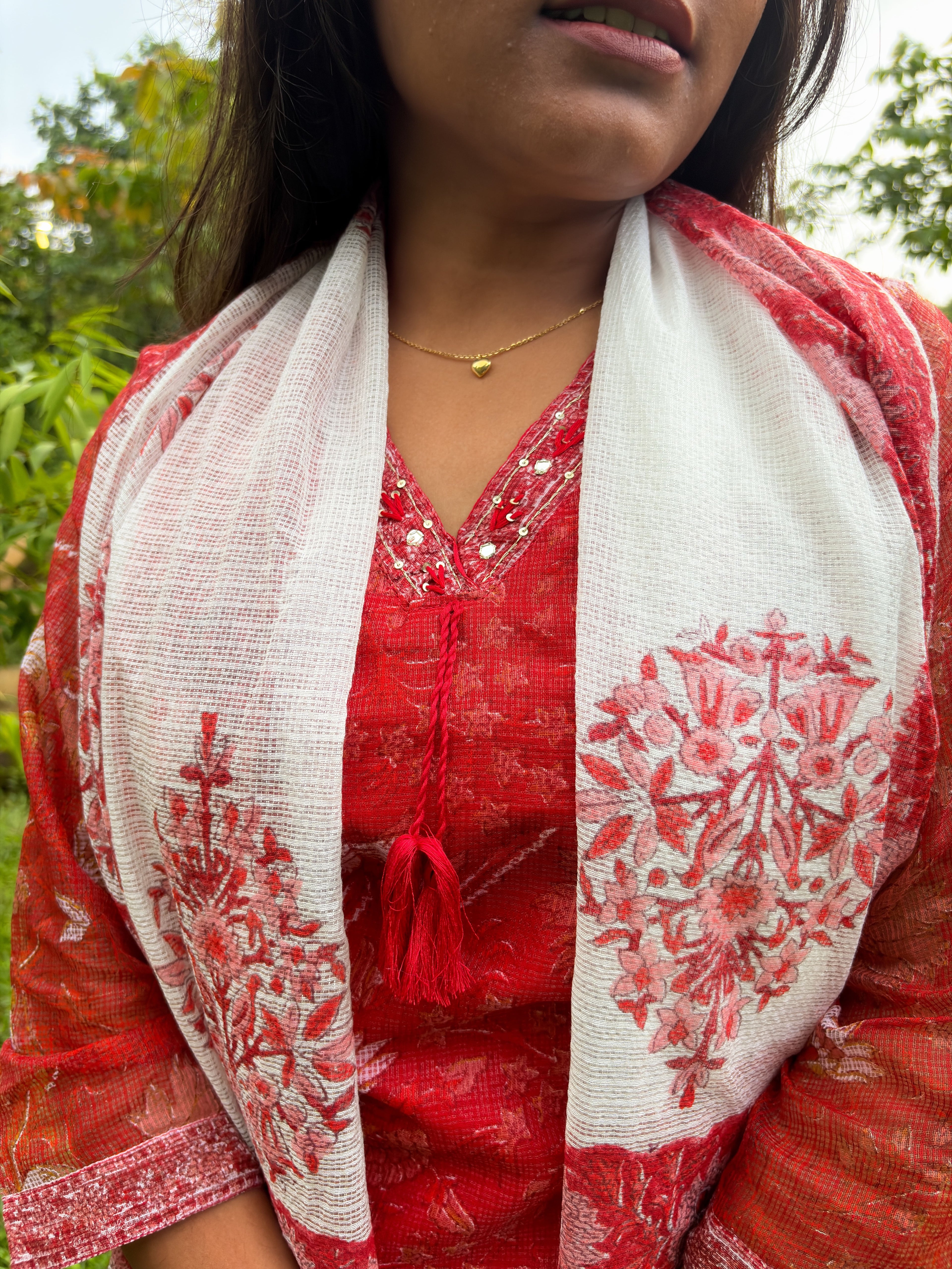 Red Floral Kota Doria Kurta, Pant & Dupatta Set