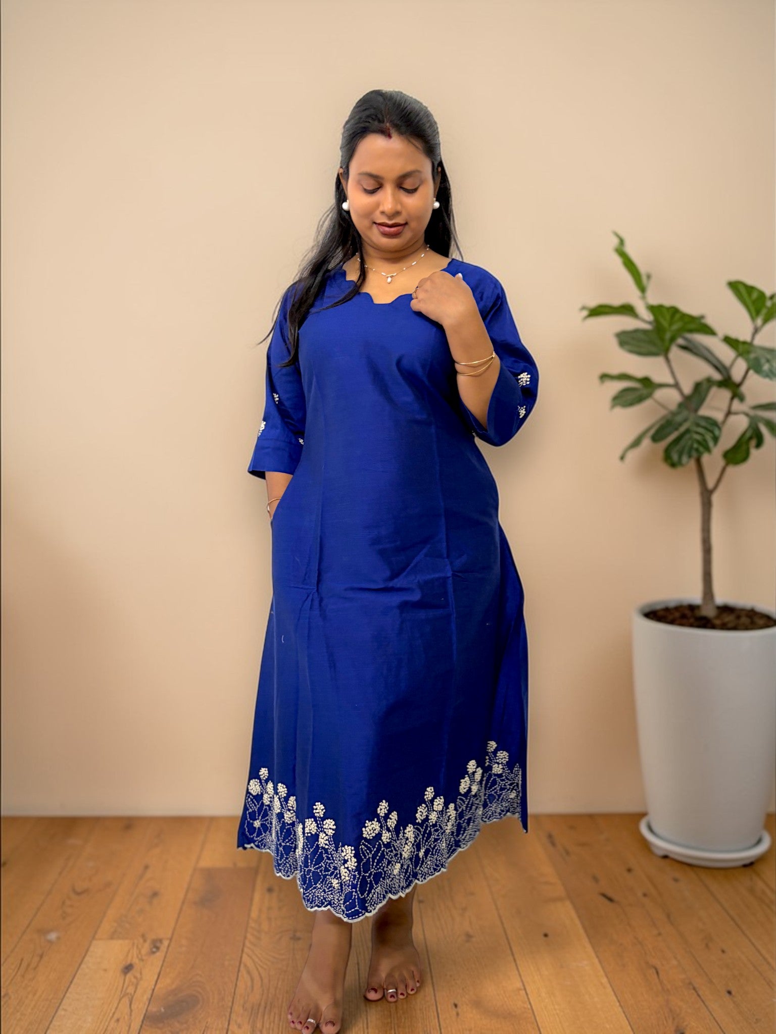 Neelam Scallop Neck Embroidered Dress— Royal Blue (Sold Out)