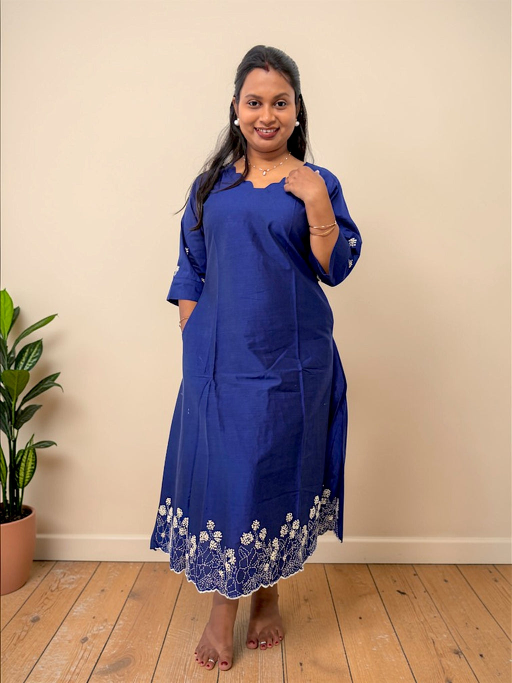 Neelam Scallop Neck Embroidered Dress— Royal Blue (Sold Out)
