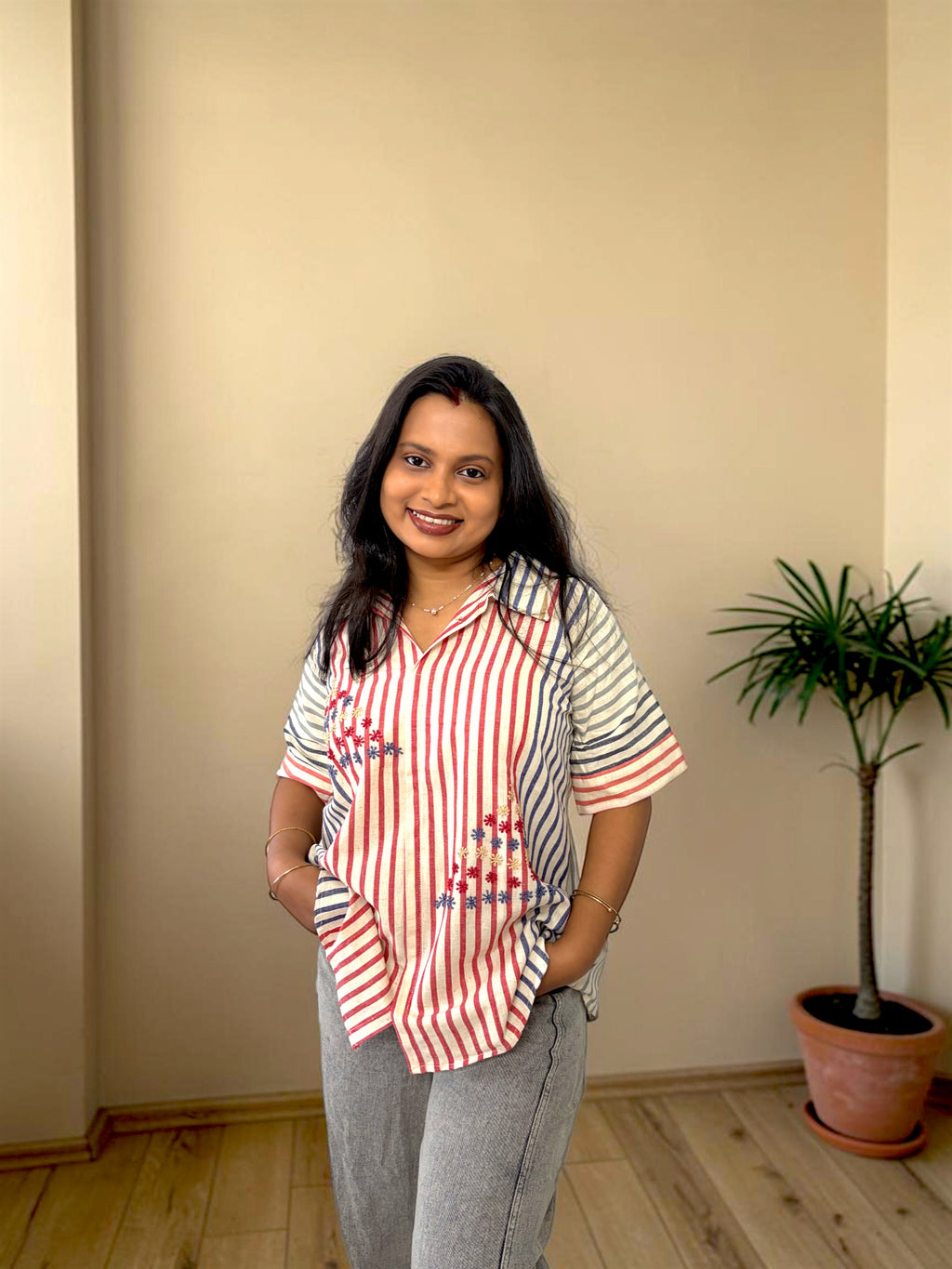 Rang Stripe Embroidered Shirt — Red & Blue
