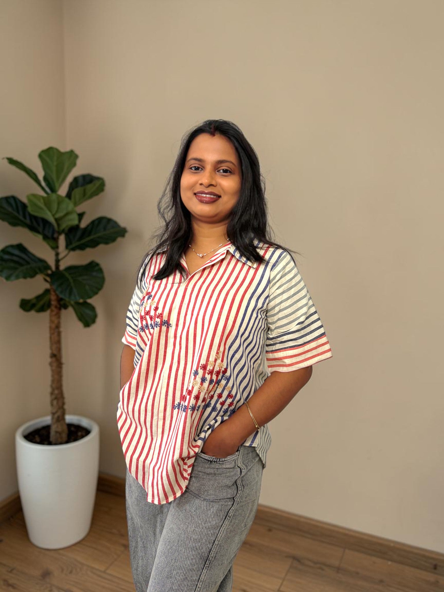 Rang Stripe Embroidered Shirt — Red & Blue