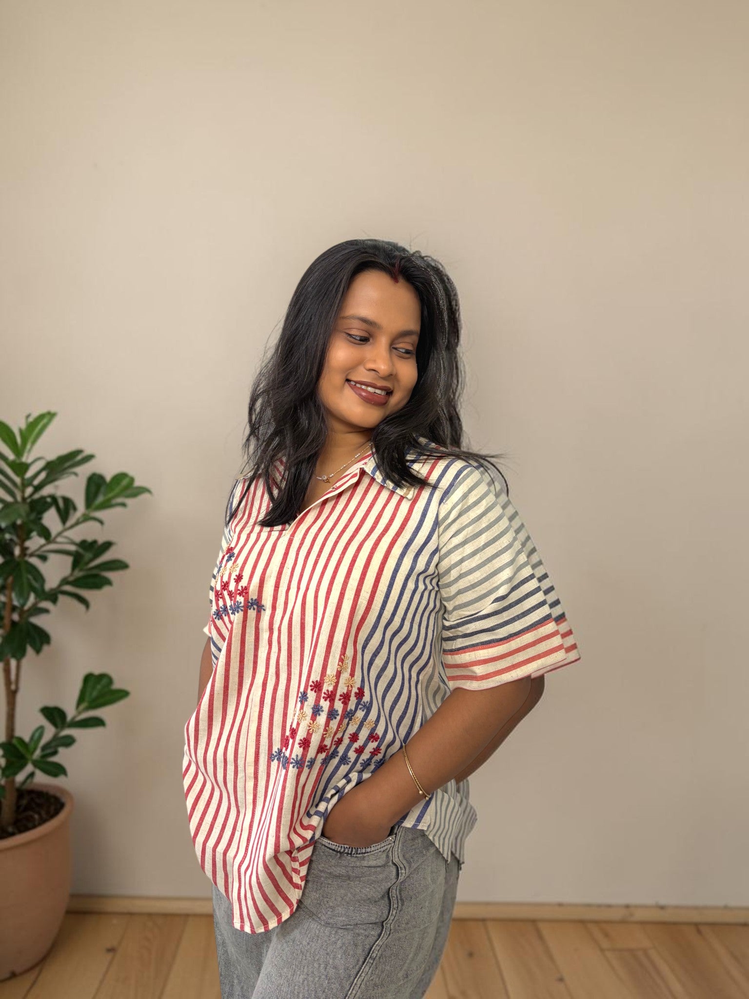 Rang Stripe Embroidered Shirt — Red & Blue