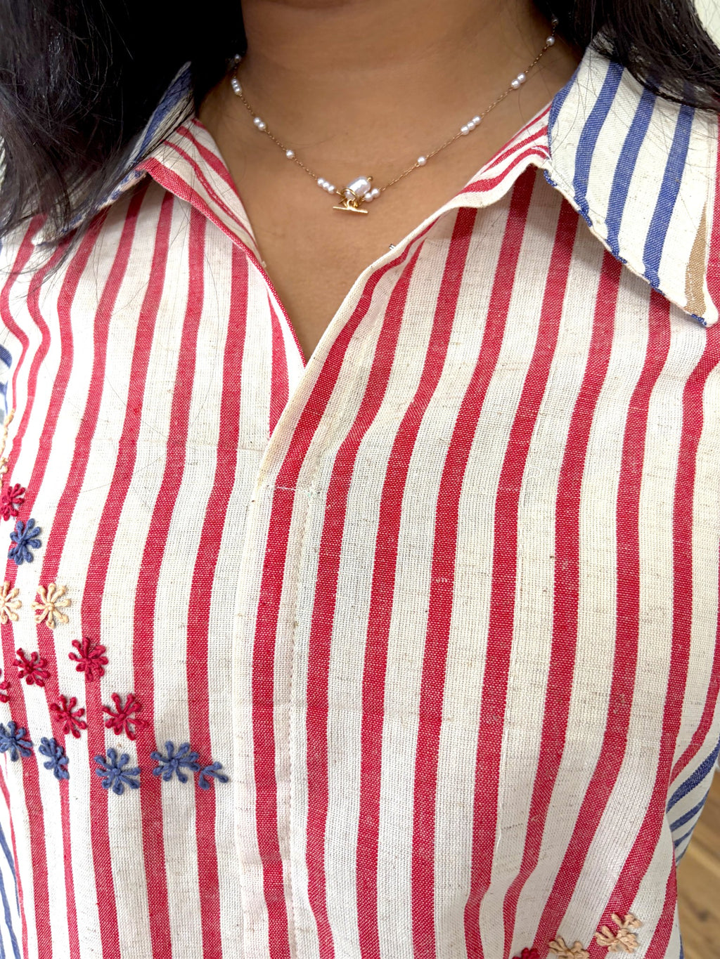 Rang Stripe Embroidered Shirt — Red & Blue