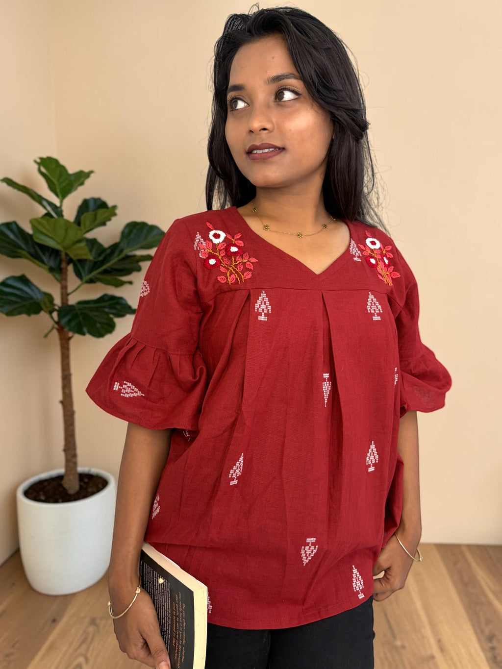 Poppy Field Embroidered Peplum Top — Maroon
