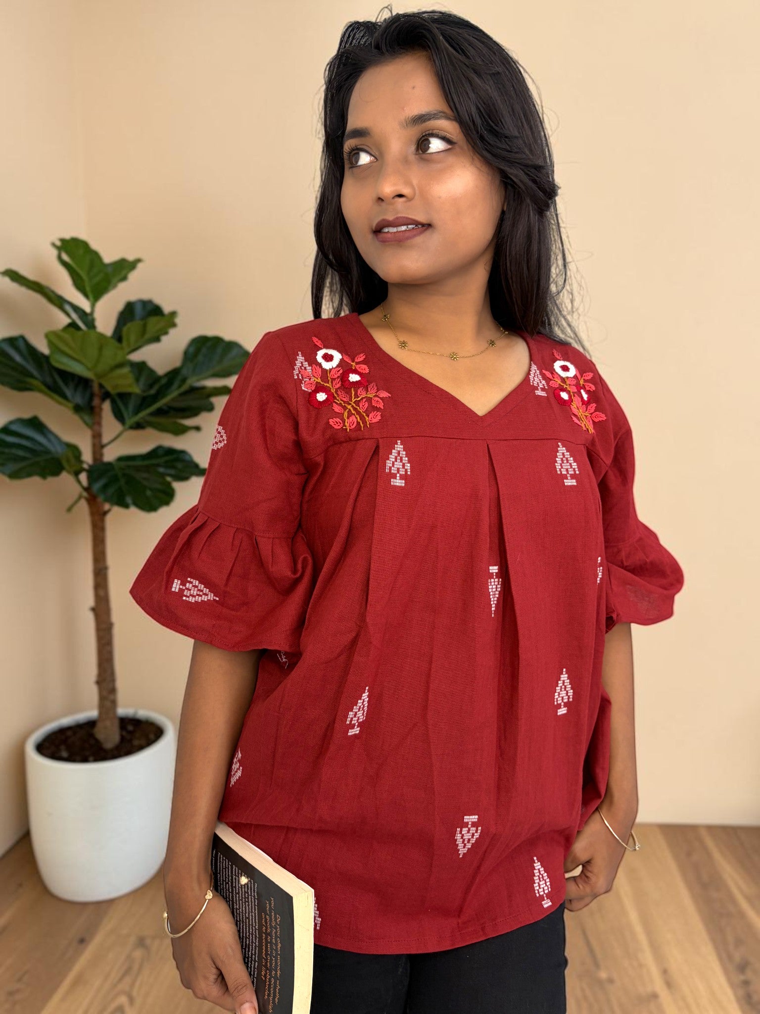 Poppy Field Embroidered Peplum Top — Maroon