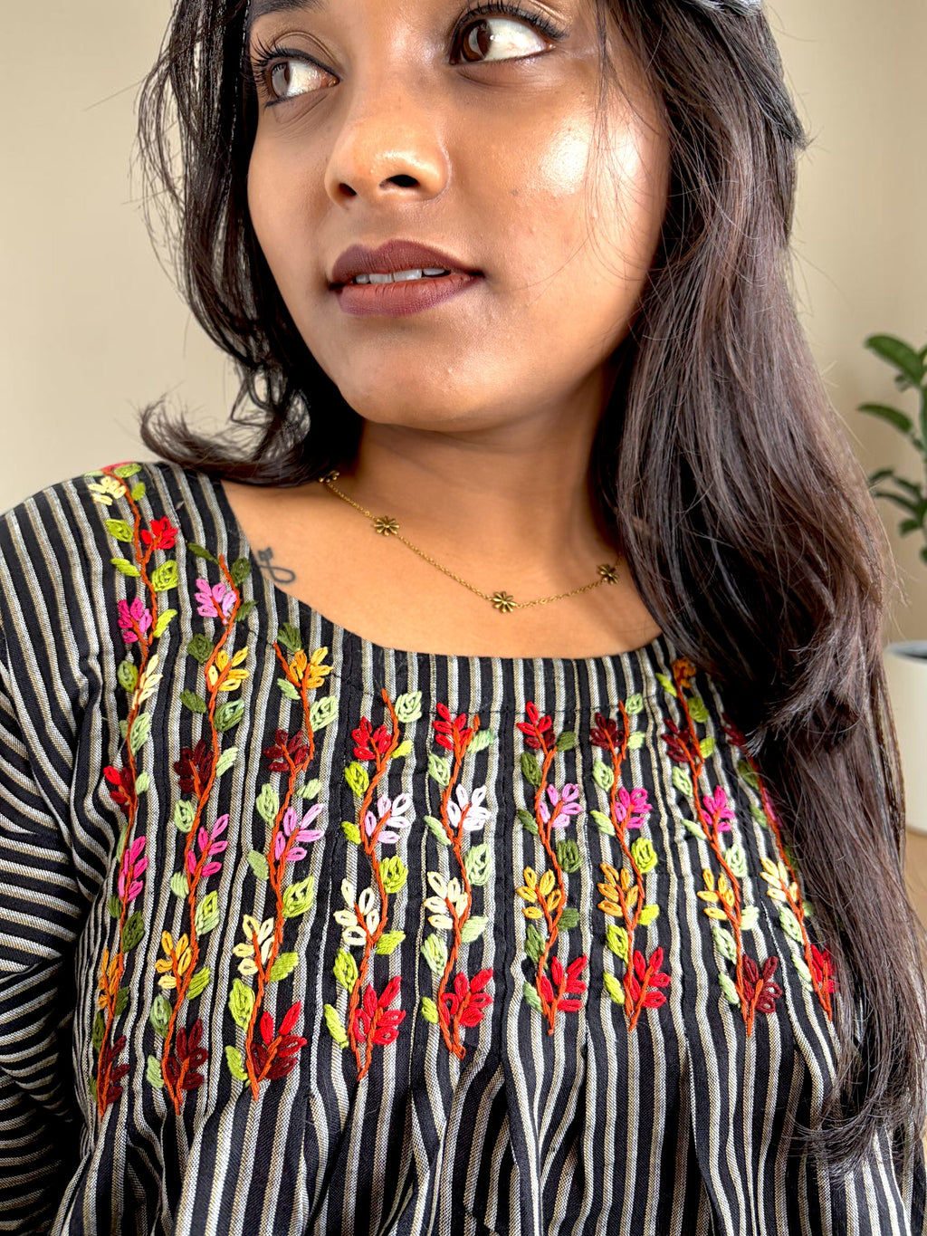 Climbing Vine Embroidered Peplum Top — Black Stripe