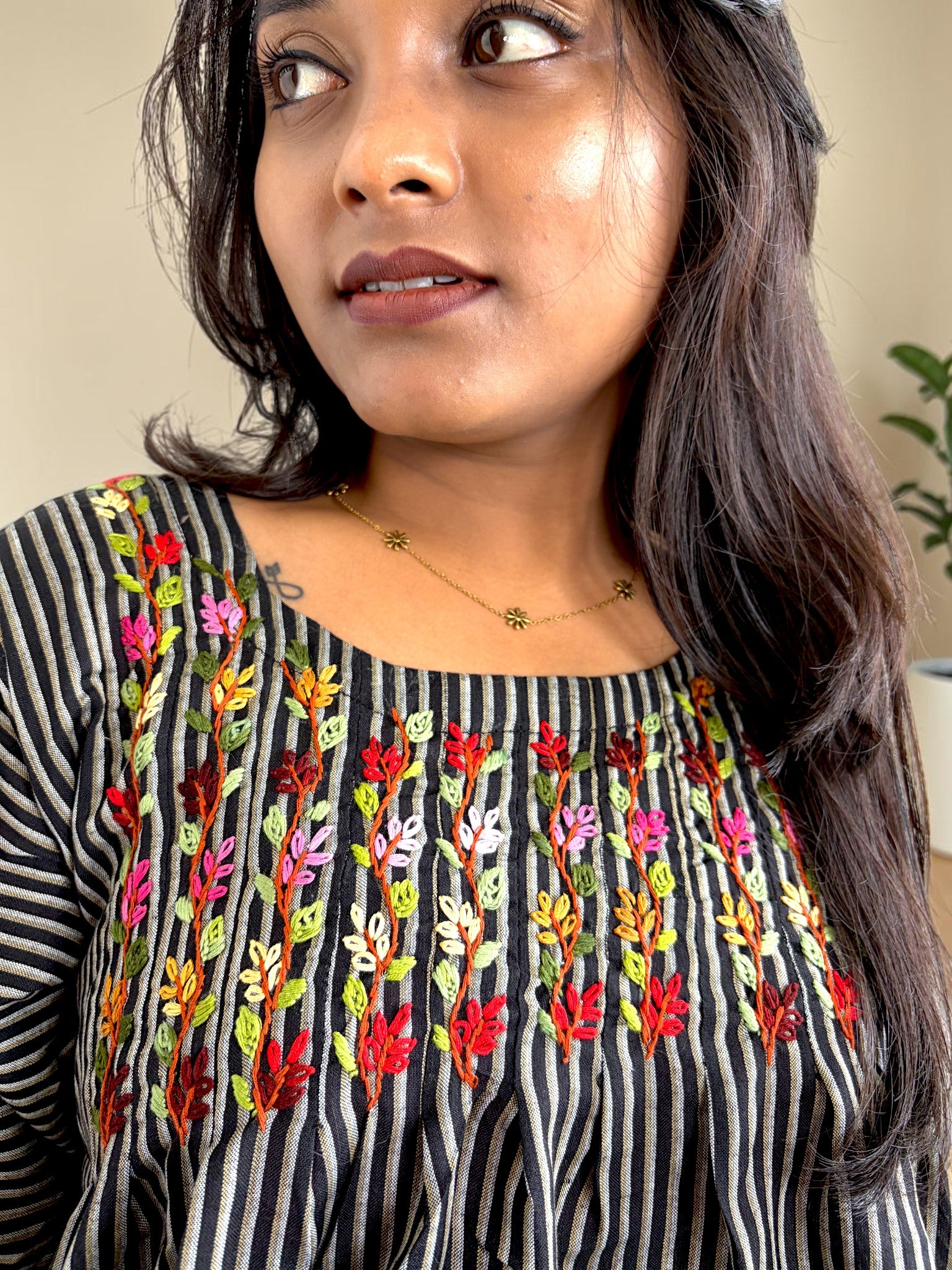 Climbing Vine Embroidered Peplum Top — Black Stripe