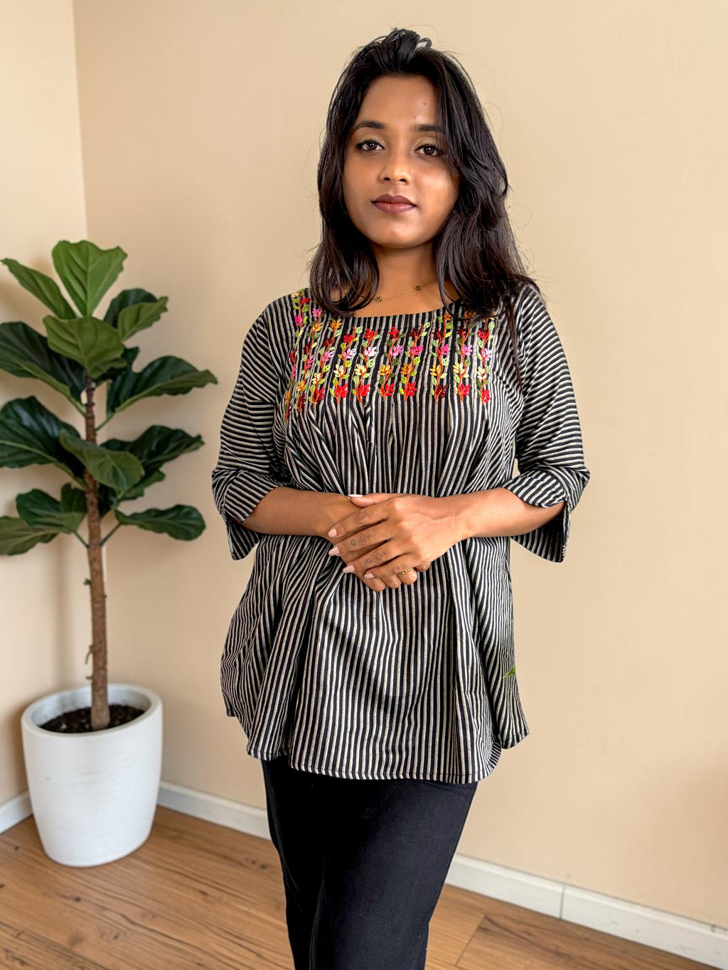 Climbing Vine Embroidered Peplum Top — Black Stripe