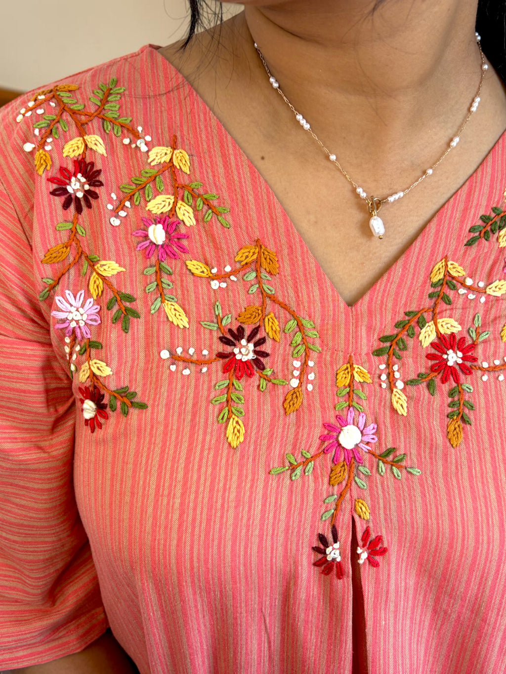 Garden Vine Embroidered Top — Coral Stripe