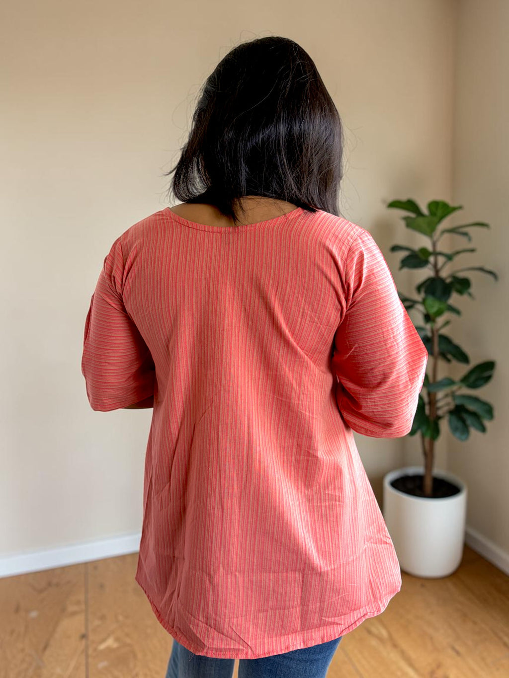 Garden Vine Embroidered Top — Coral Stripe