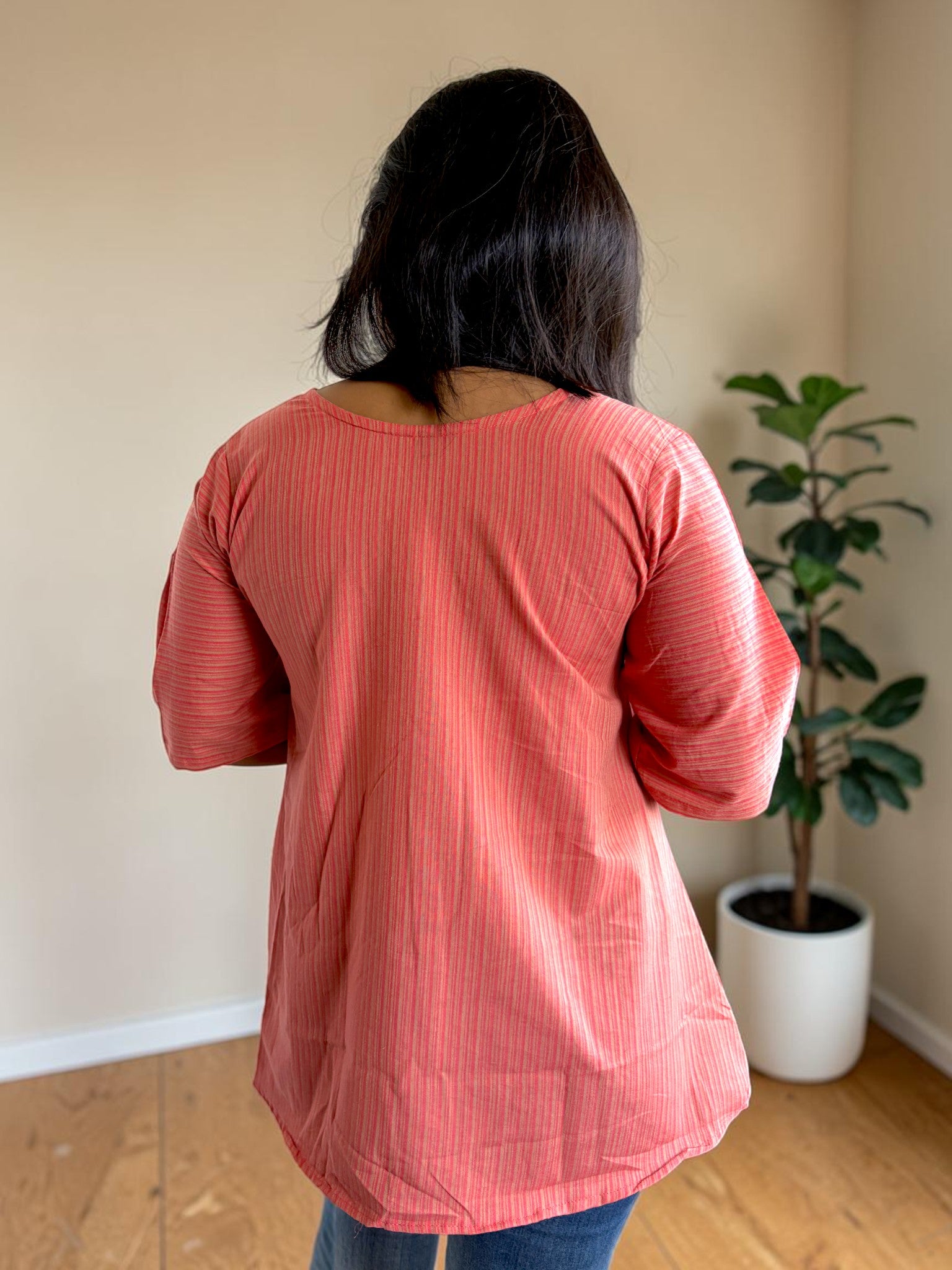 Garden Vine Embroidered Top — Coral Stripe
