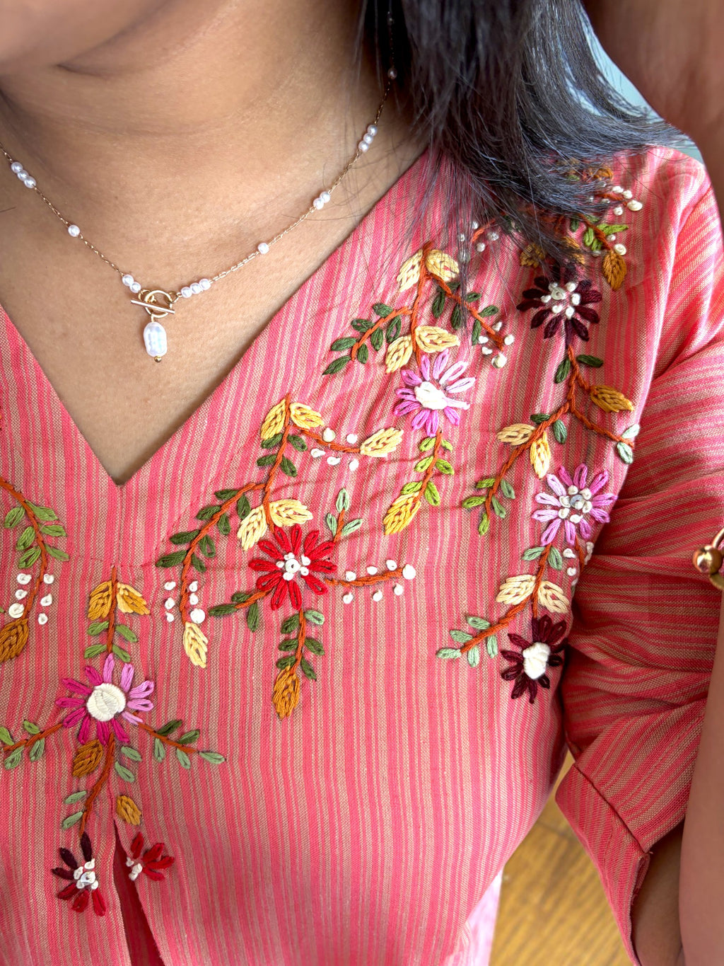 Garden Vine Embroidered Top — Coral Stripe