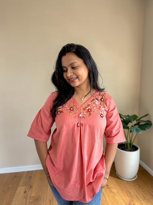 Garden Vine Embroidered Top — Coral Stripe
