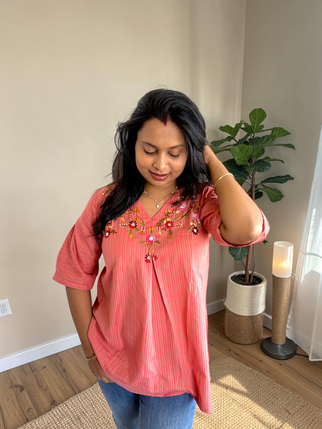 Garden Vine Embroidered Top — Coral Stripe