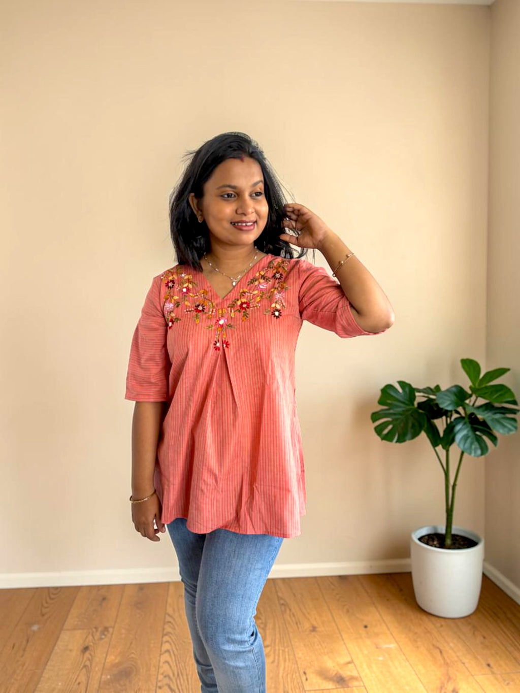 Garden Vine Embroidered Top — Coral Stripe