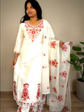 Laal Phool Embroidered Kurta Set — Ivory White & Red (3-Piece)