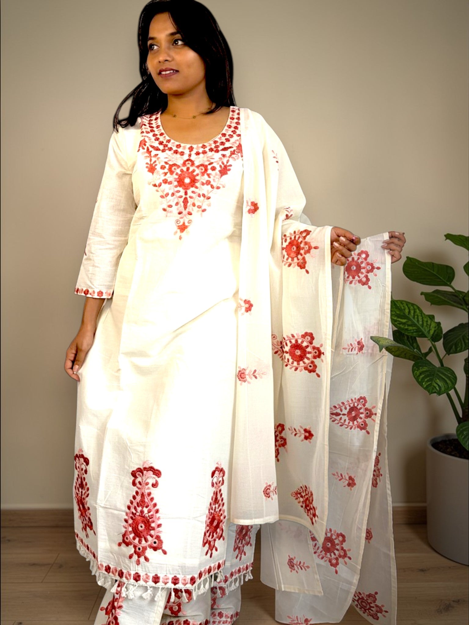 Laal Phool Embroidered Kurta Set — Ivory White & Red (3-Piece)