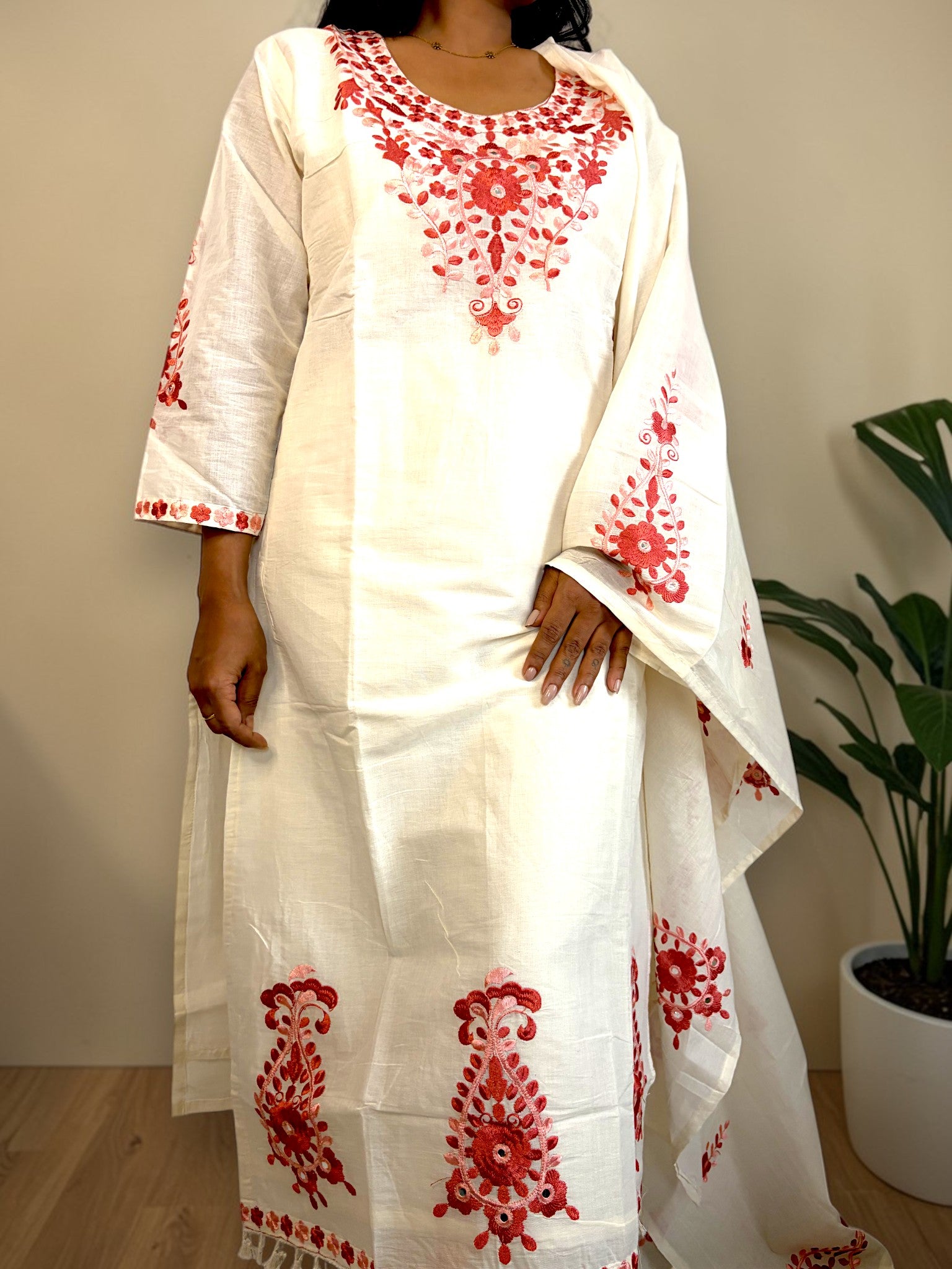 Laal Phool Embroidered Kurta Set — Ivory White & Red (3-Piece)