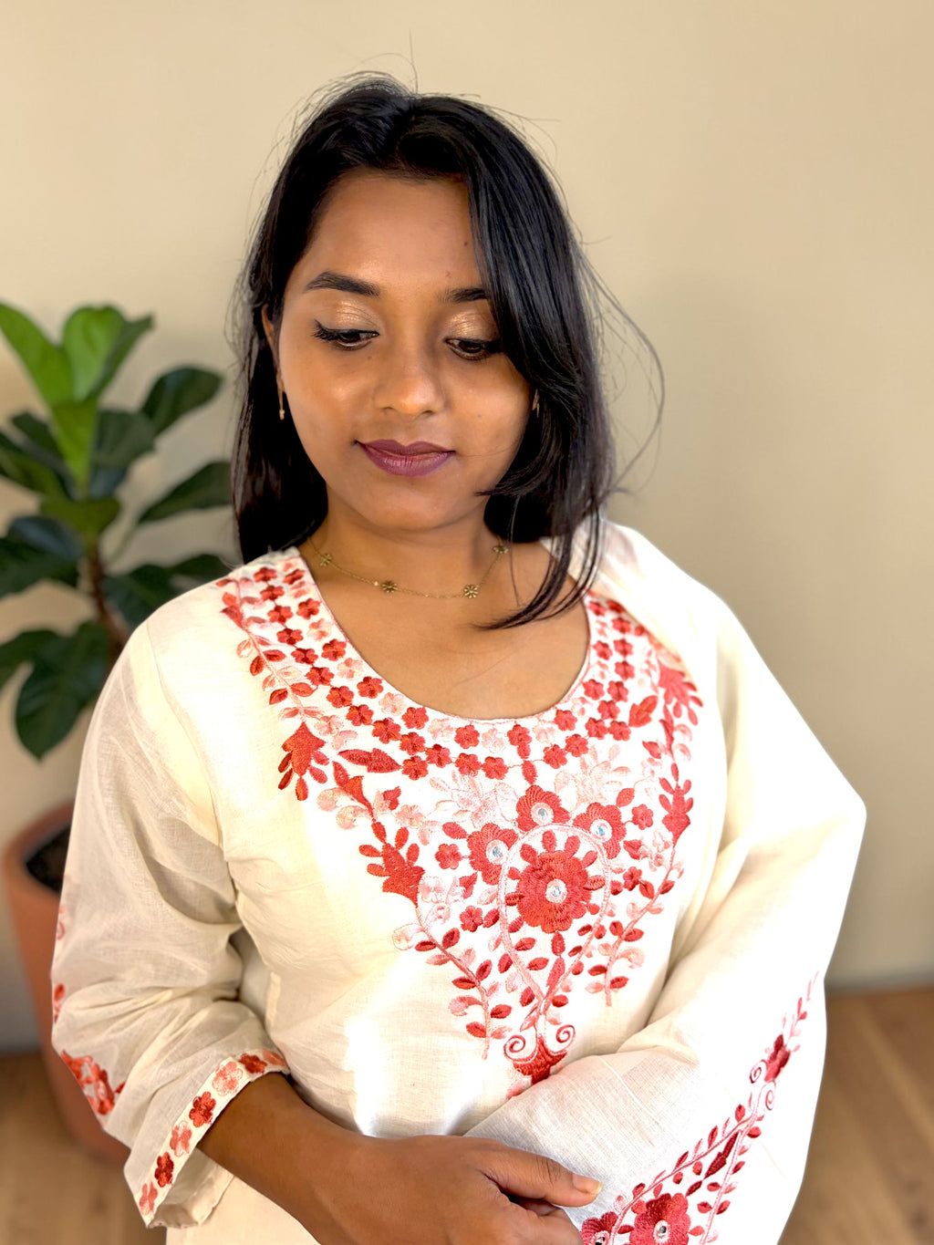 Laal Phool Embroidered Kurta Set — Ivory White & Red (3-Piece)