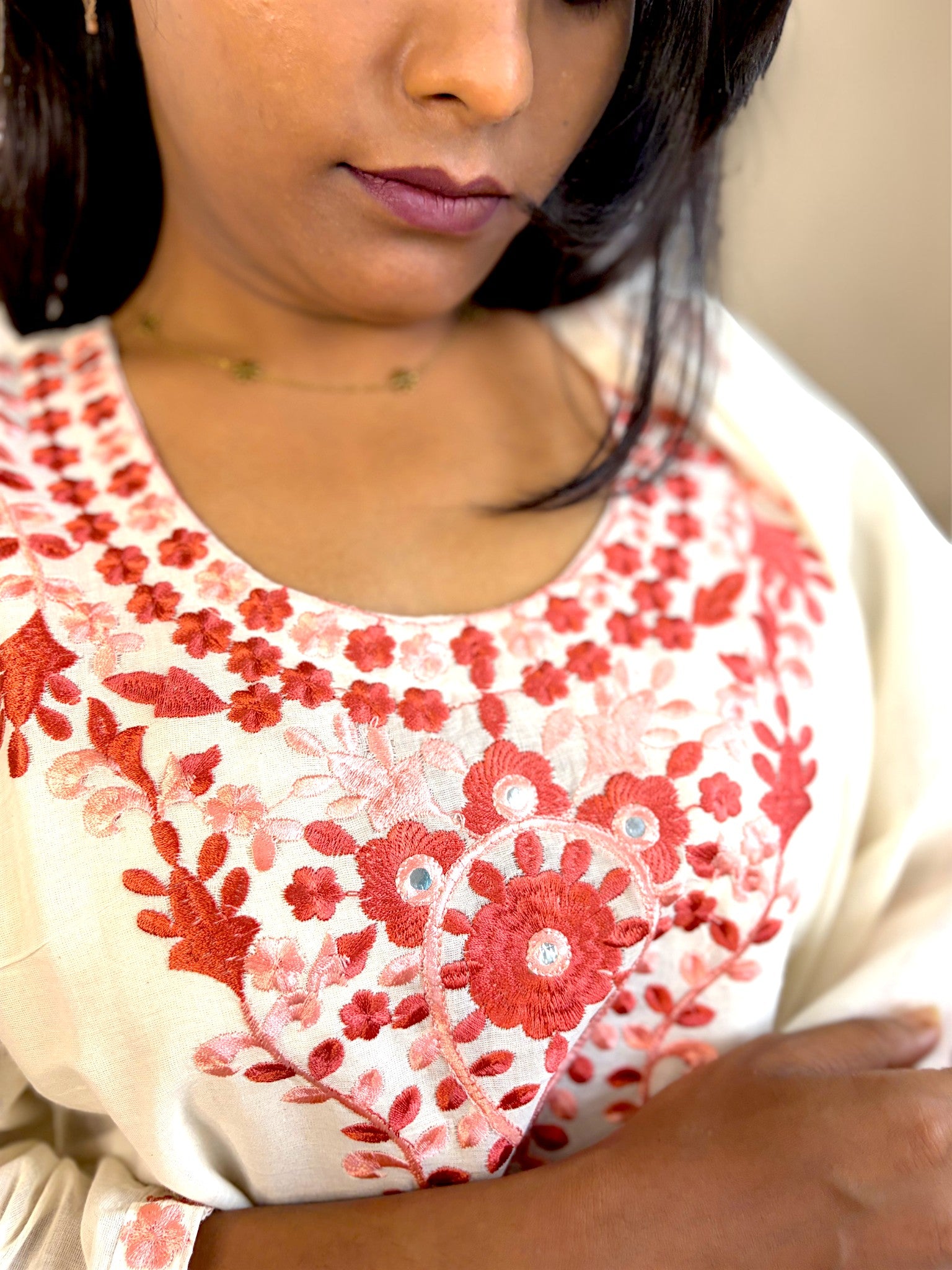 Laal Phool Embroidered Kurta Set — Ivory White & Red (3-Piece)