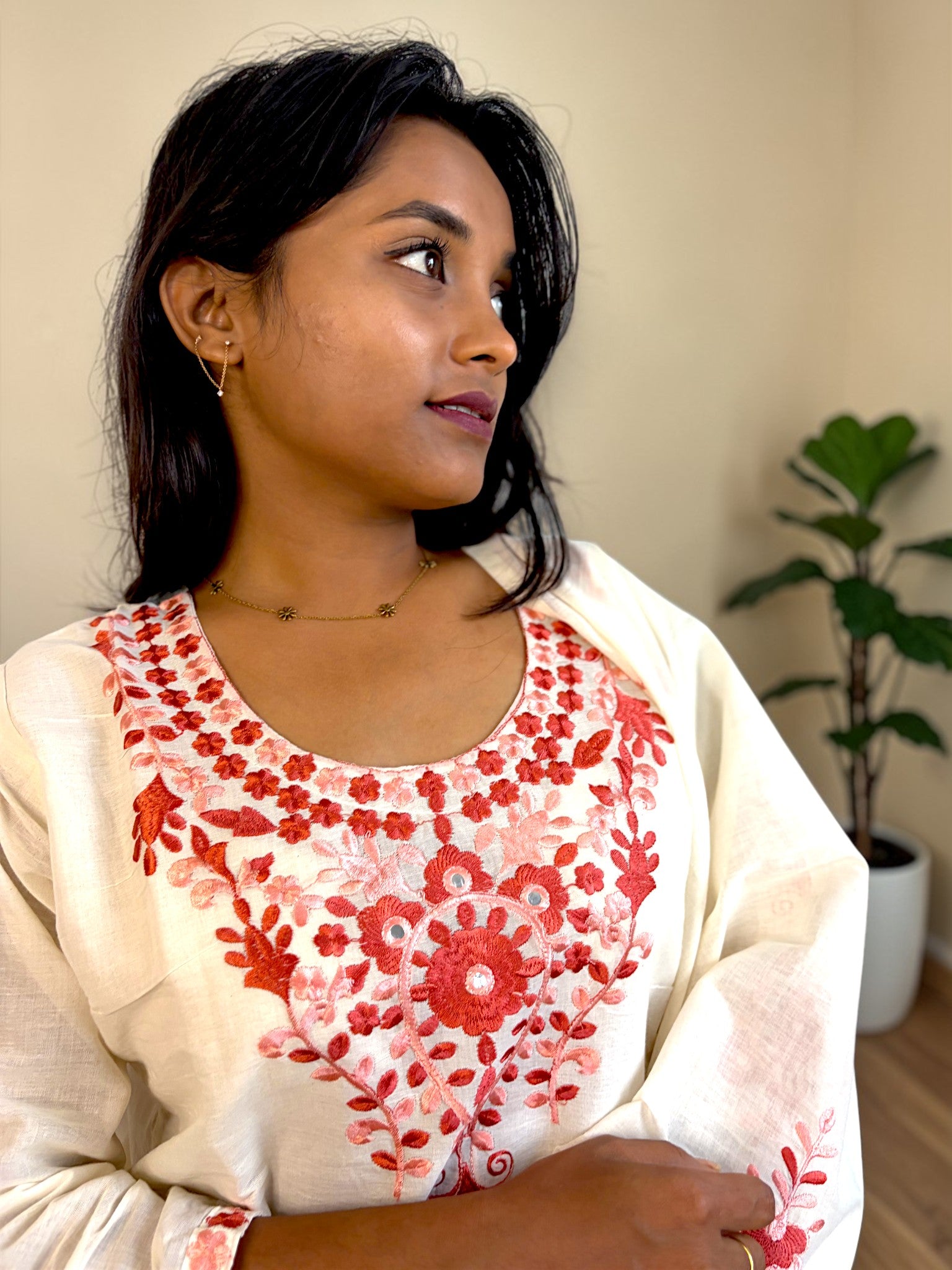 Laal Phool Embroidered Kurta Set — Ivory White & Red (3-Piece)