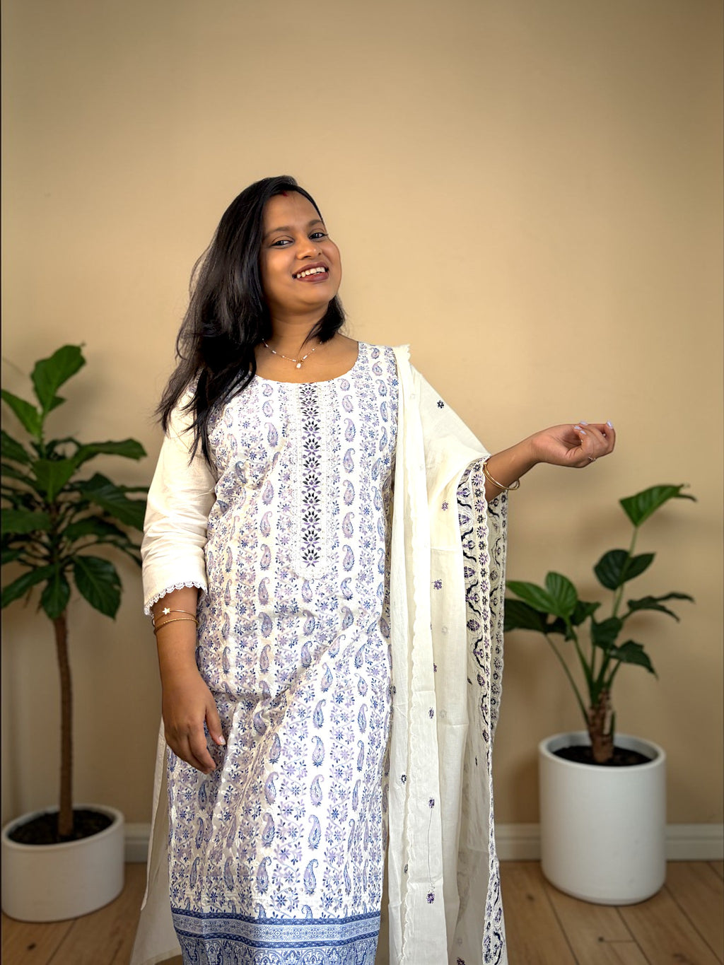 Vasanam | Noor Paisley Chikankari Kurta Set — White & Lavender (3-Piece)