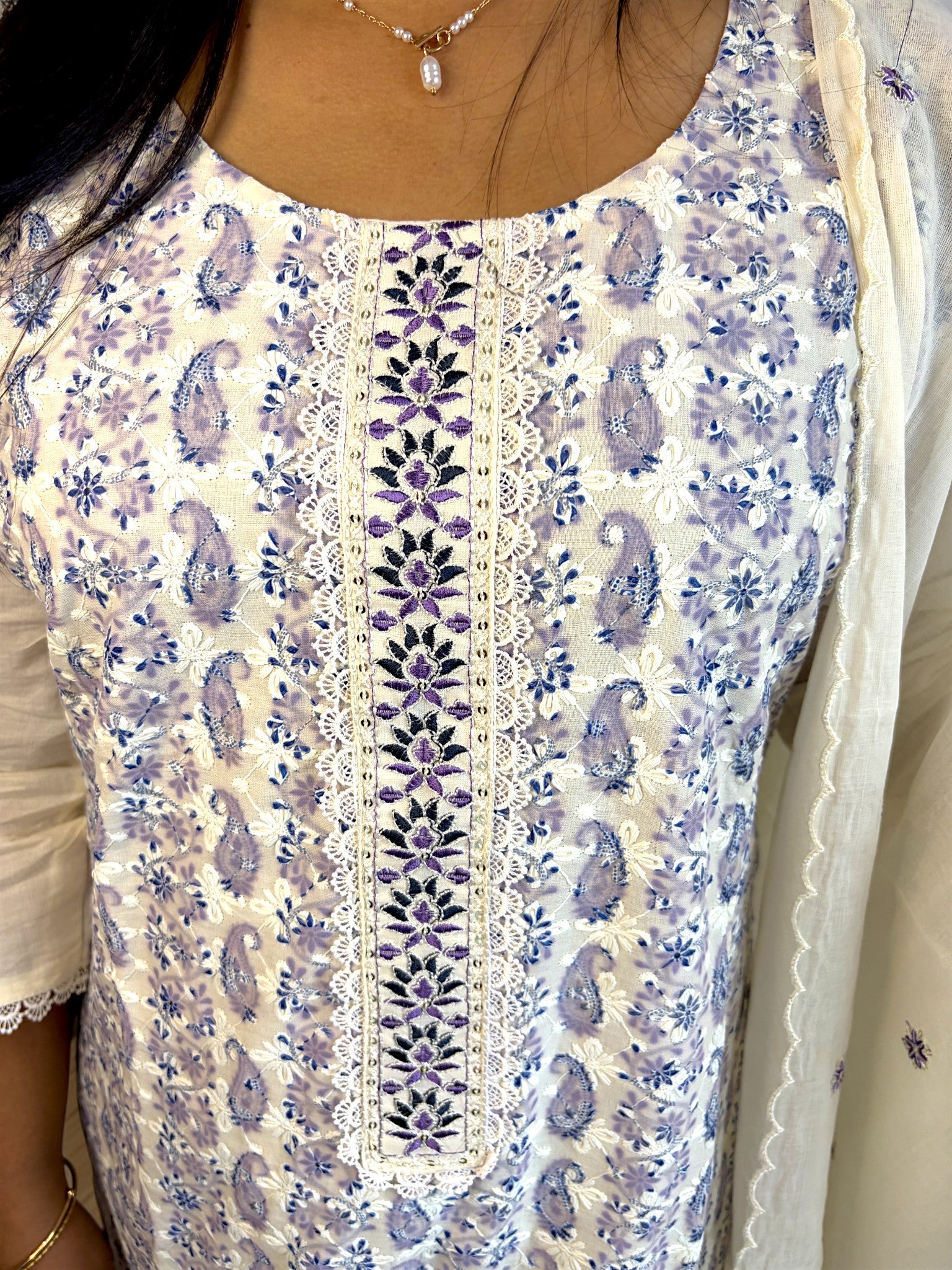 Vasanam | Noor Paisley Chikankari Kurta Set — White & Lavender (3-Piece)