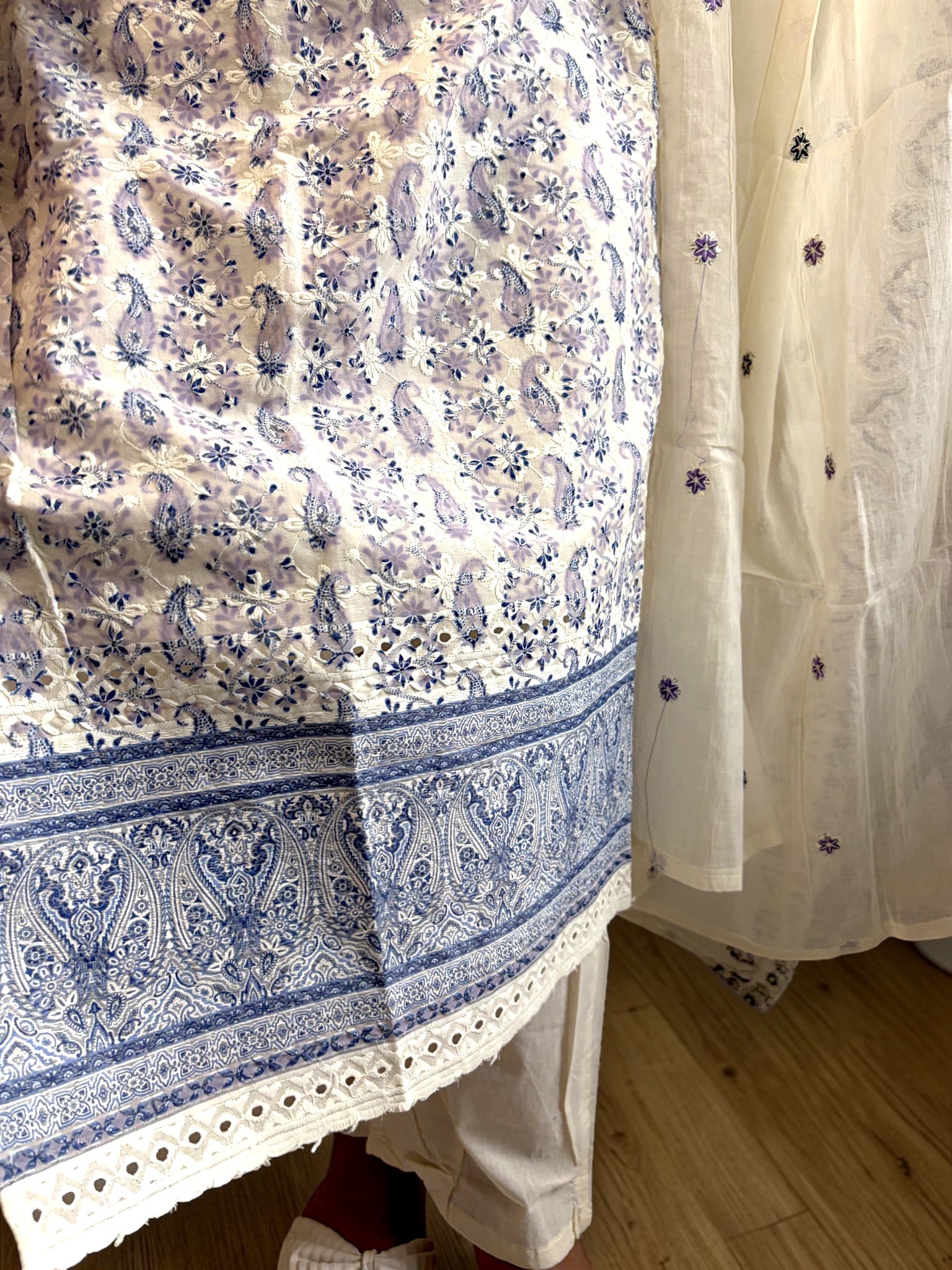 Vasanam | Noor Paisley Chikankari Kurta Set — White & Lavender (3-Piece)