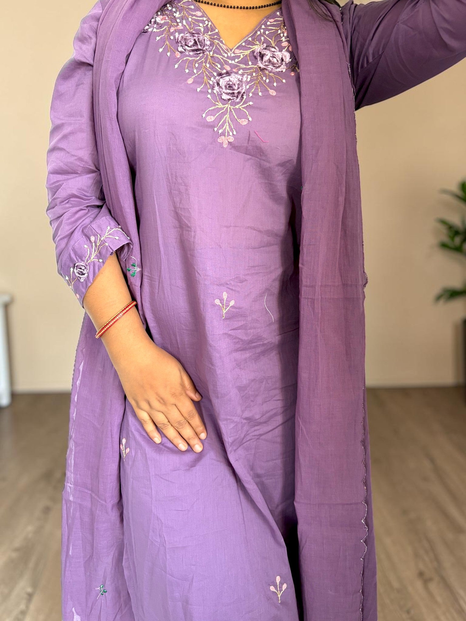 Lavender Rose Embroidered Kurta Set with Dupatta & Pants | 3-Piece | Vasanam