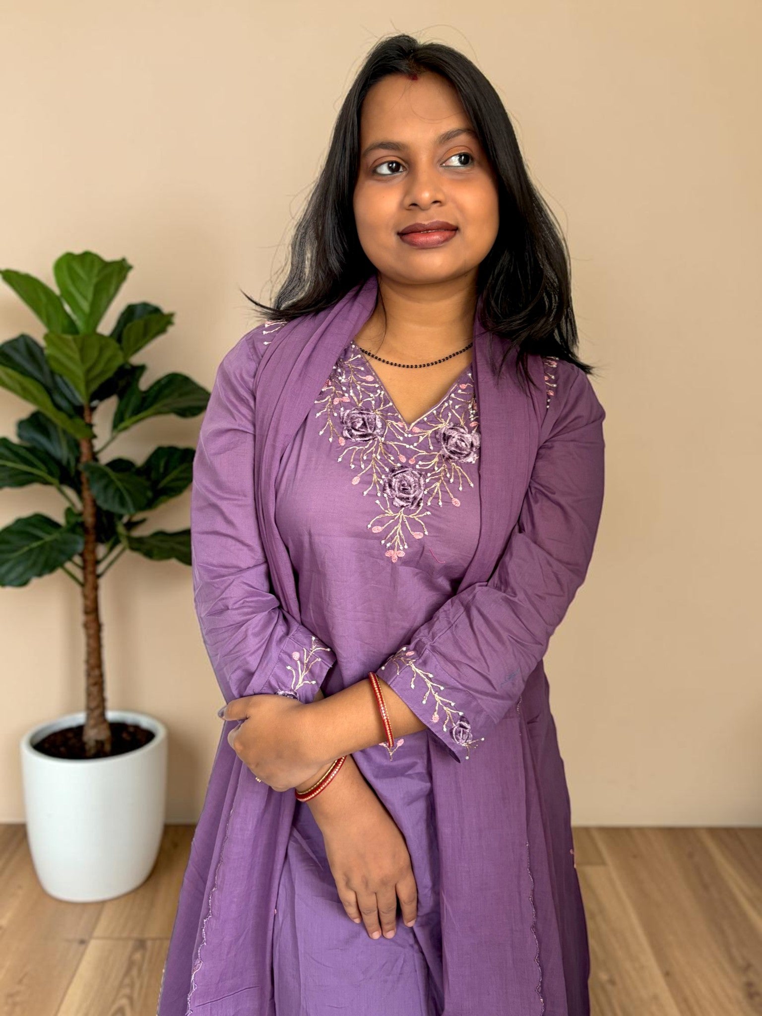 Lavender Rose Embroidered Kurta Set with Dupatta & Pants | 3-Piece | Vasanam