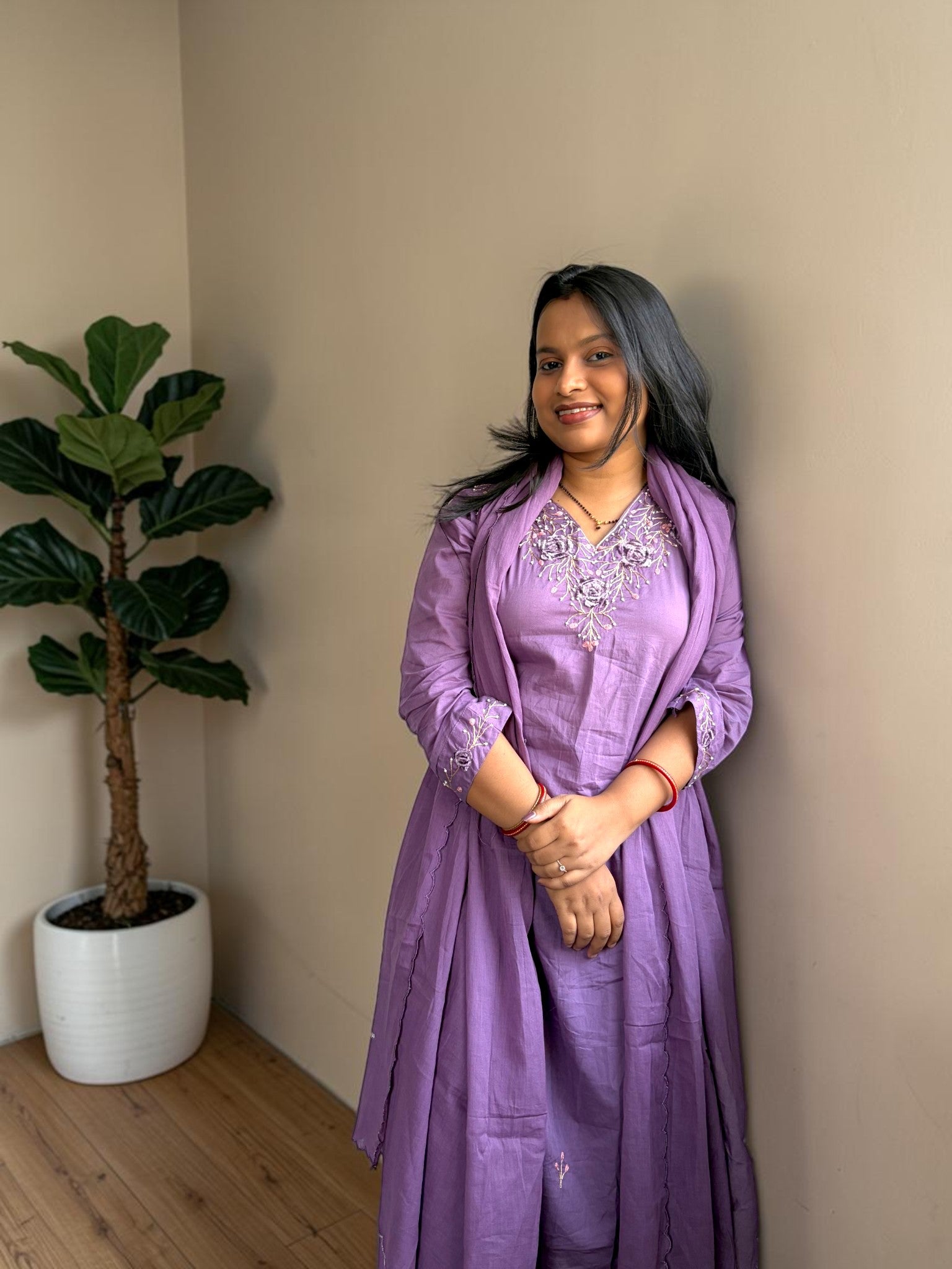 Lavender Rose Embroidered Kurta Set with Dupatta & Pants | 3-Piece | Vasanam