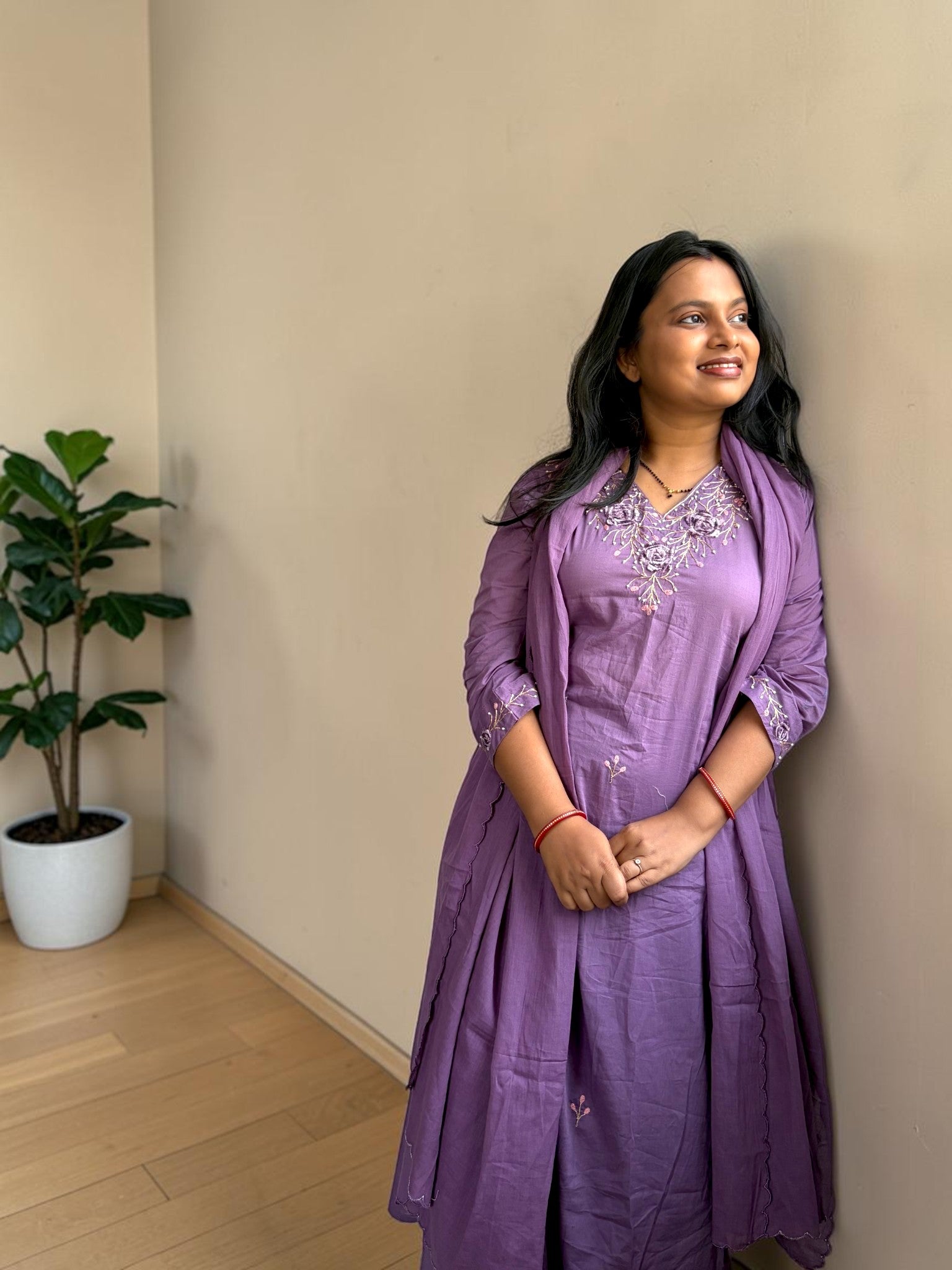 Lavender Rose Embroidered Kurta Set with Dupatta & Pants | 3-Piece | Vasanam