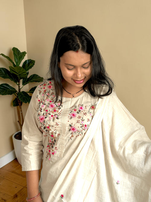 Baagh Floral Embroidered Kurta Set — Ivory & Pink (3-Piece)