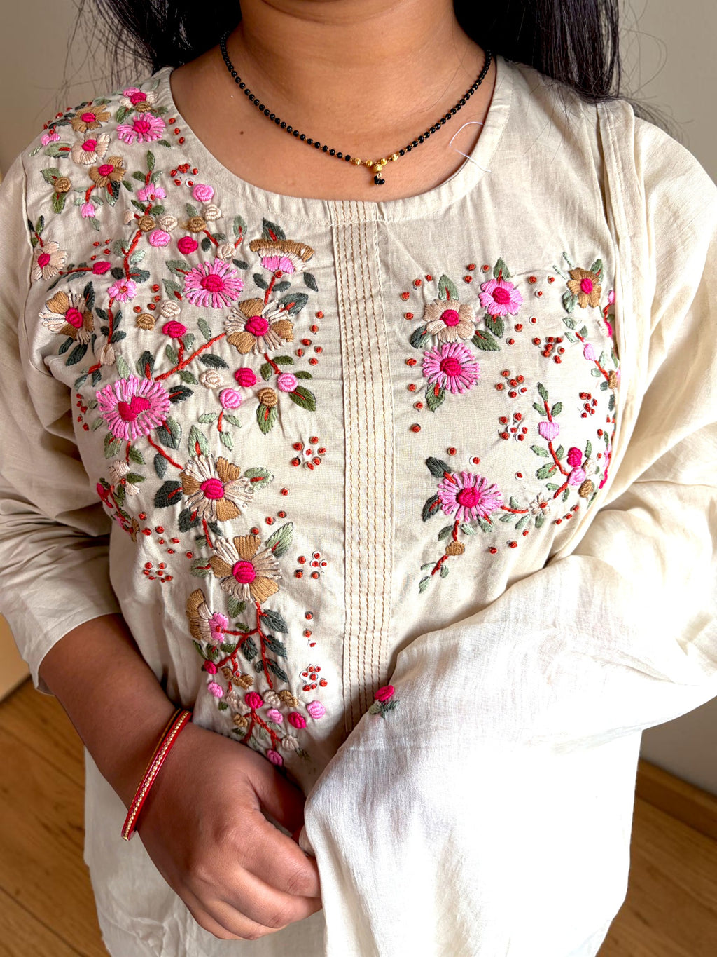 Baagh Floral Embroidered Kurta Set — Ivory & Pink (3-Piece)