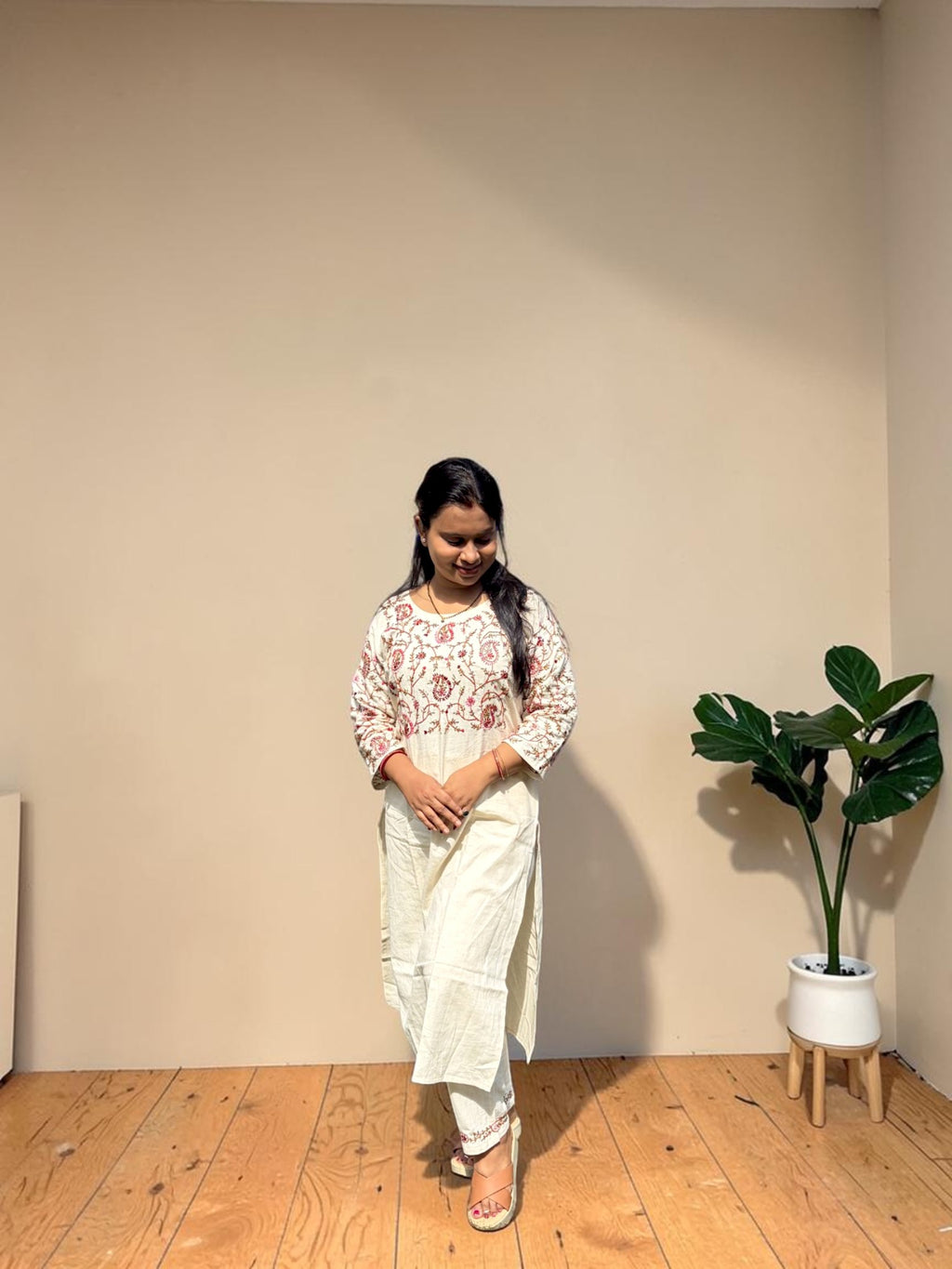 Jaal Paisley Embroidered Coord Set — Ivory & Red (2-Piece)