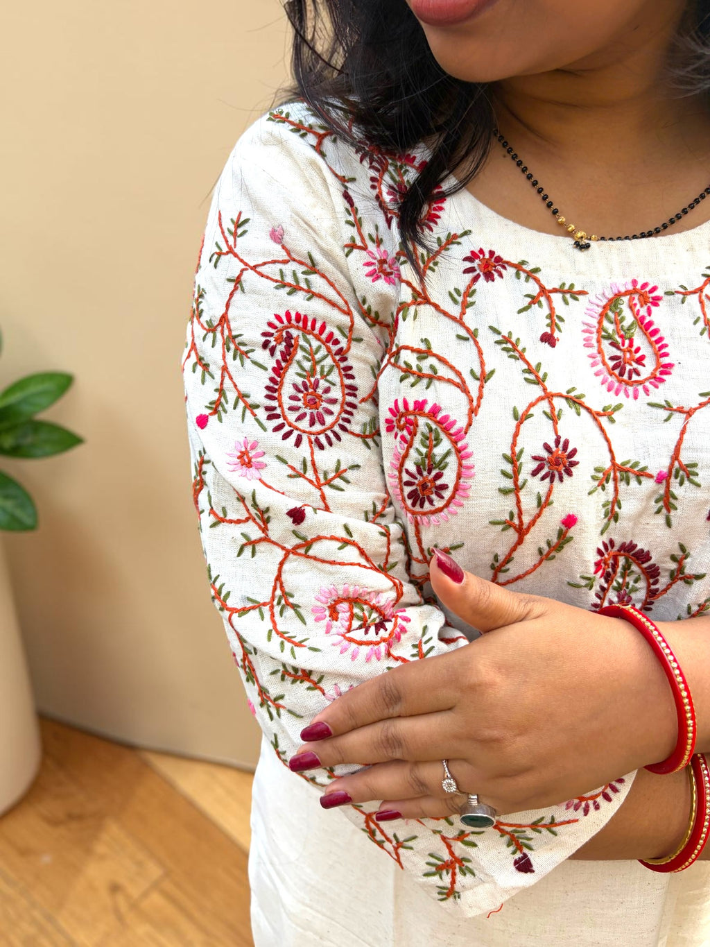 Jaal Paisley Embroidered Coord Set — Ivory & Red (2-Piece)