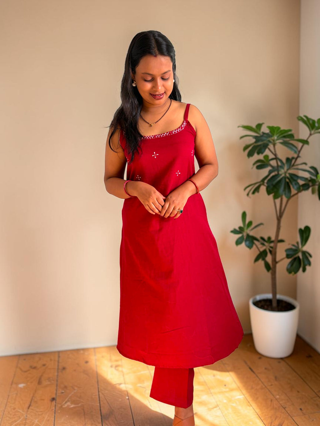 Mirror-Work Embroidered Spaghetti Strap Kurta Set — Deep Red (2-Piece)