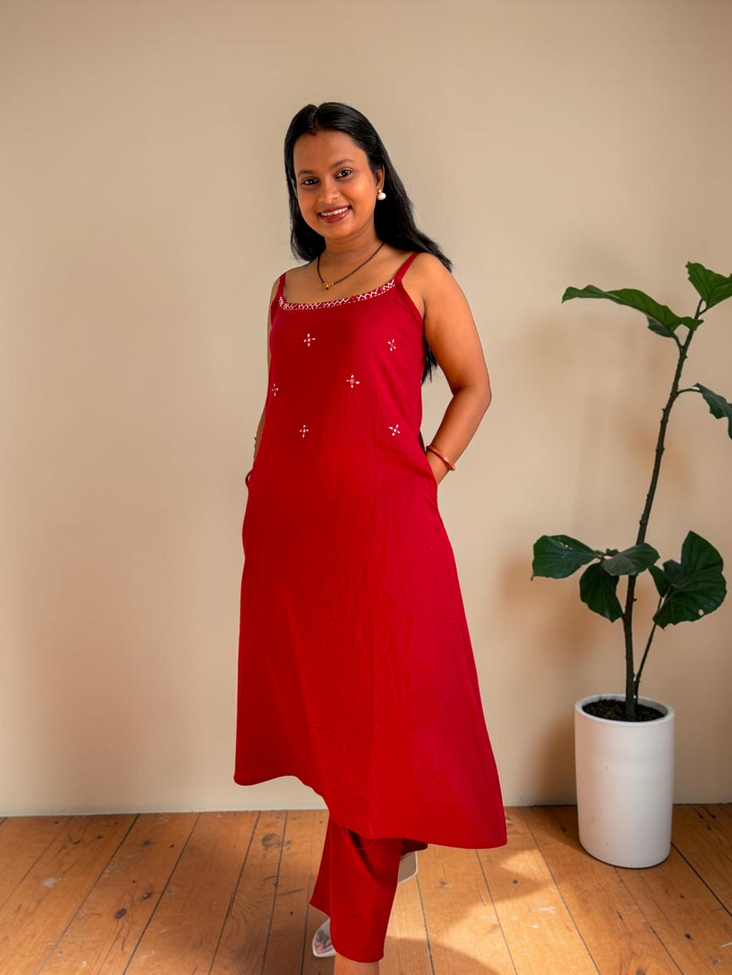 Mirror-Work Embroidered Spaghetti Strap Kurta Set — Deep Red (2-Piece)