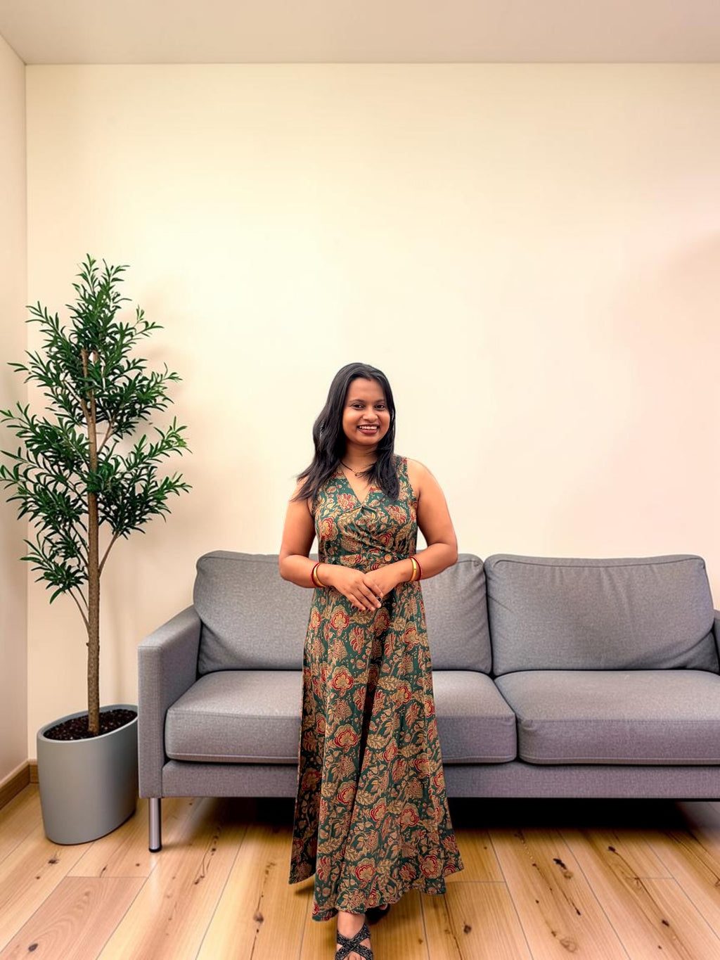 Kalamkari Floral Wrap Maxi Dress — Forest Green