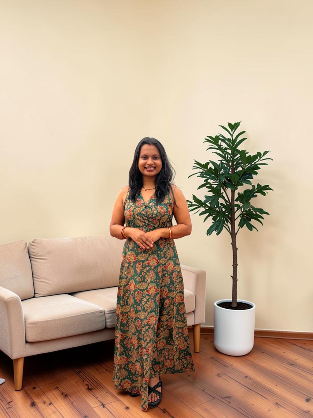 Kalamkari Floral Wrap Maxi Dress — Forest Green