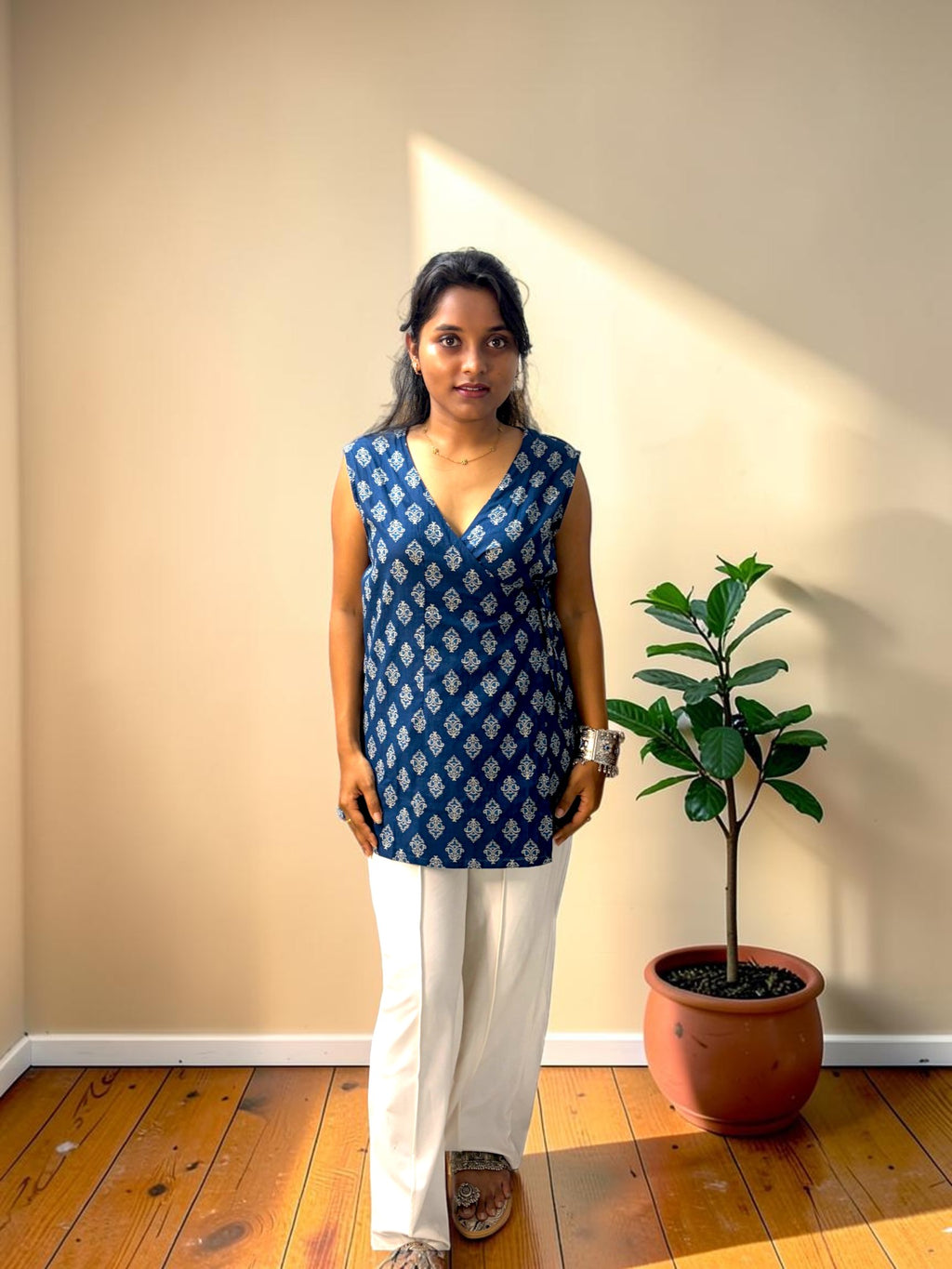 Block-Printed Wrap Kurta — Indigo Blue