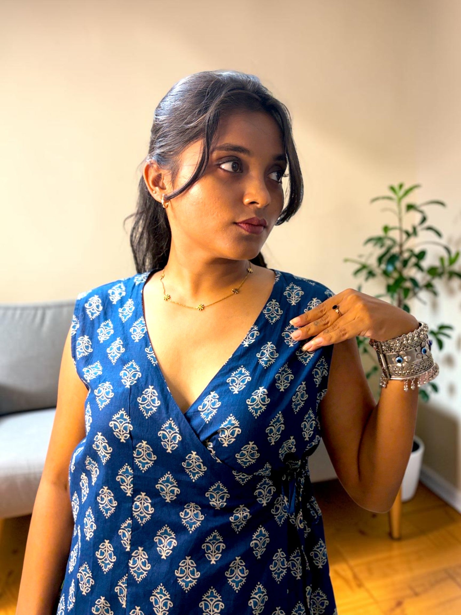 Block-Printed Wrap Kurta — Indigo Blue