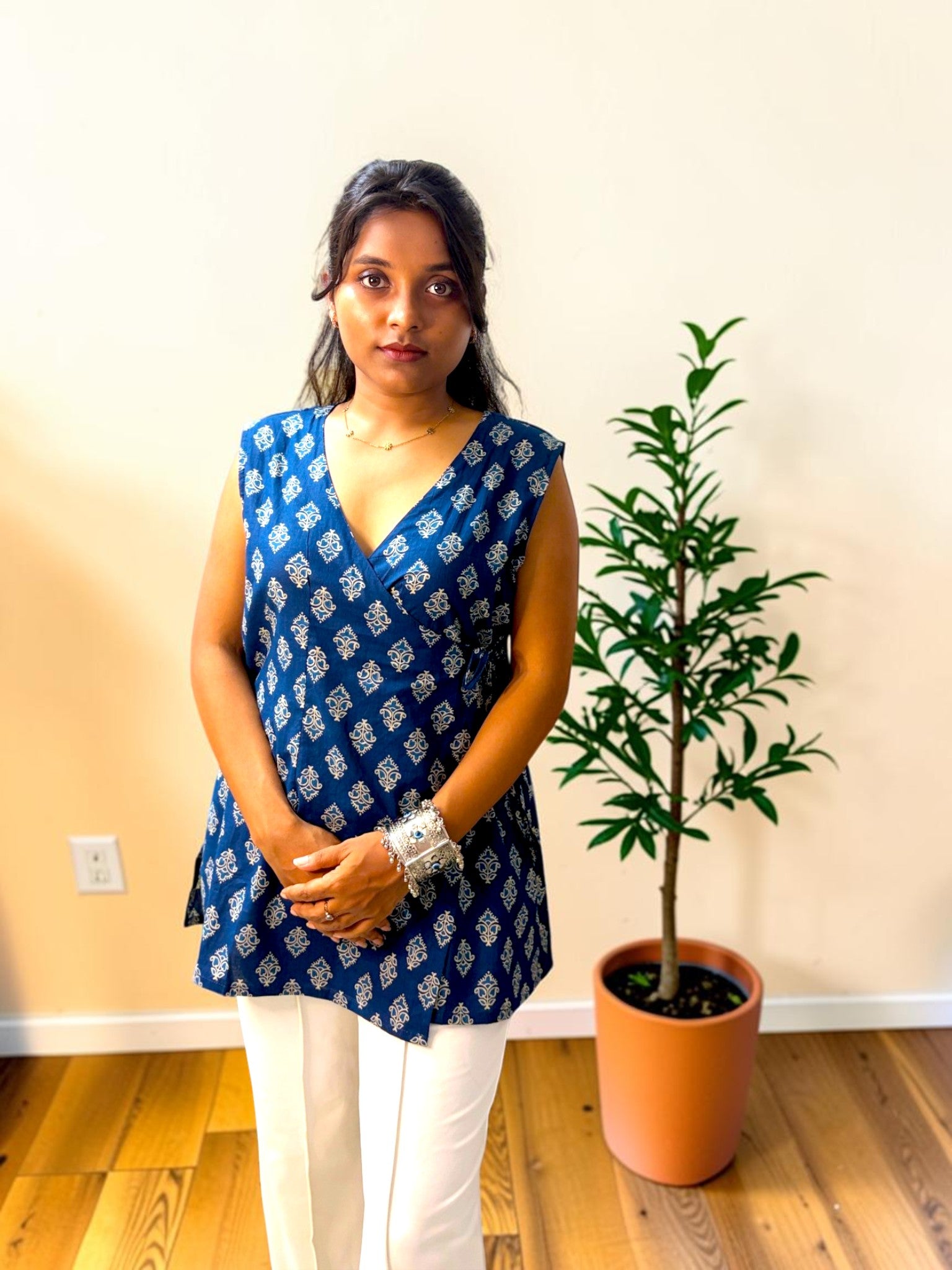 Block-Printed Wrap Kurta — Indigo Blue